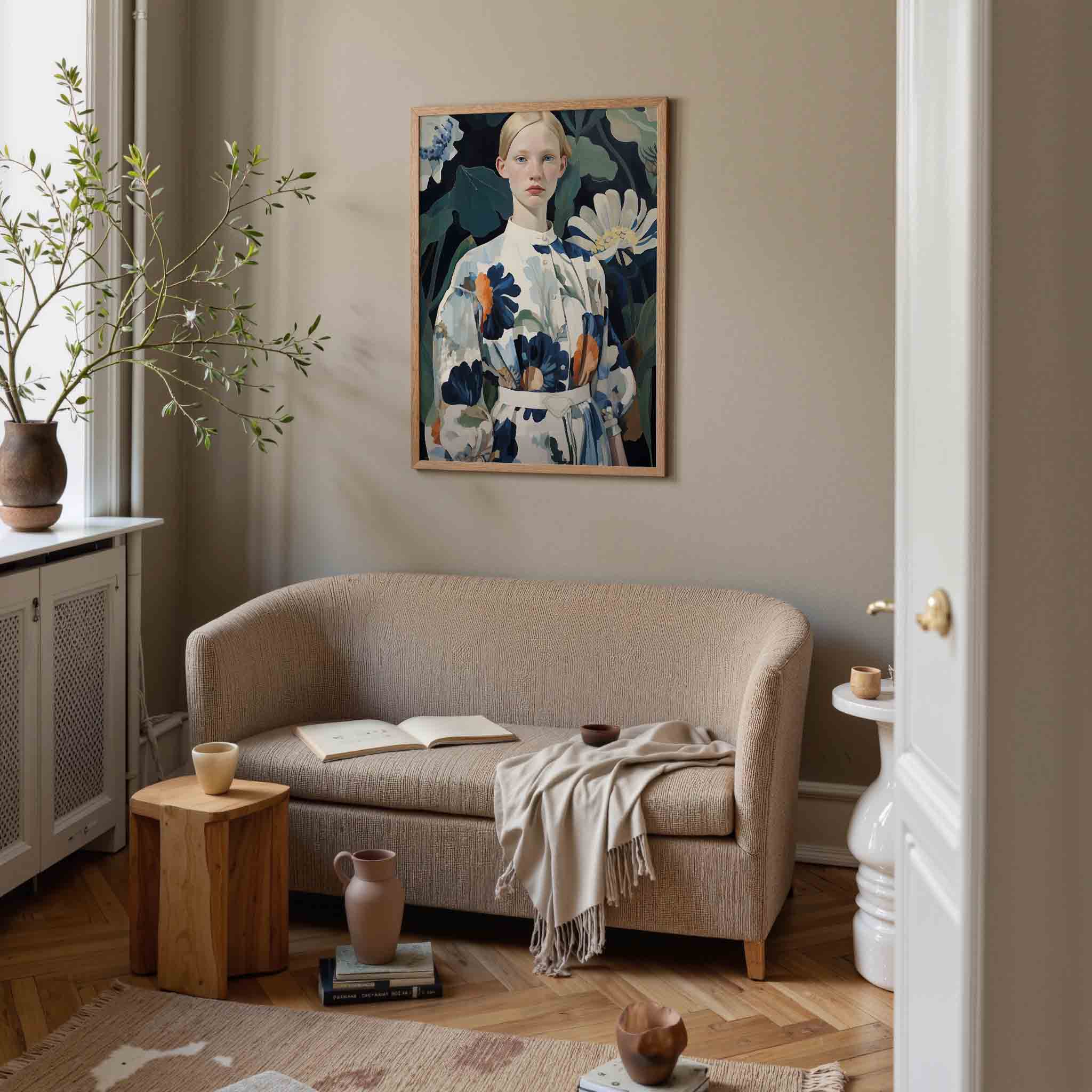 Vrouw met bloemenjurk Poster