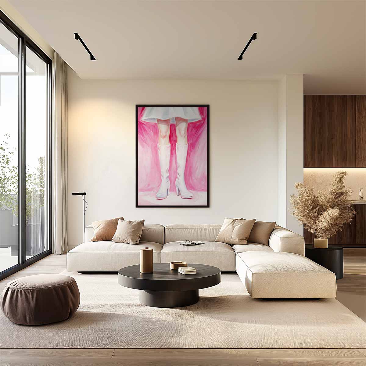 Witte Laarzen op Roze Kunstwerk-canvas-dibond-plexiglas-wanddecoratie-WallArtistic