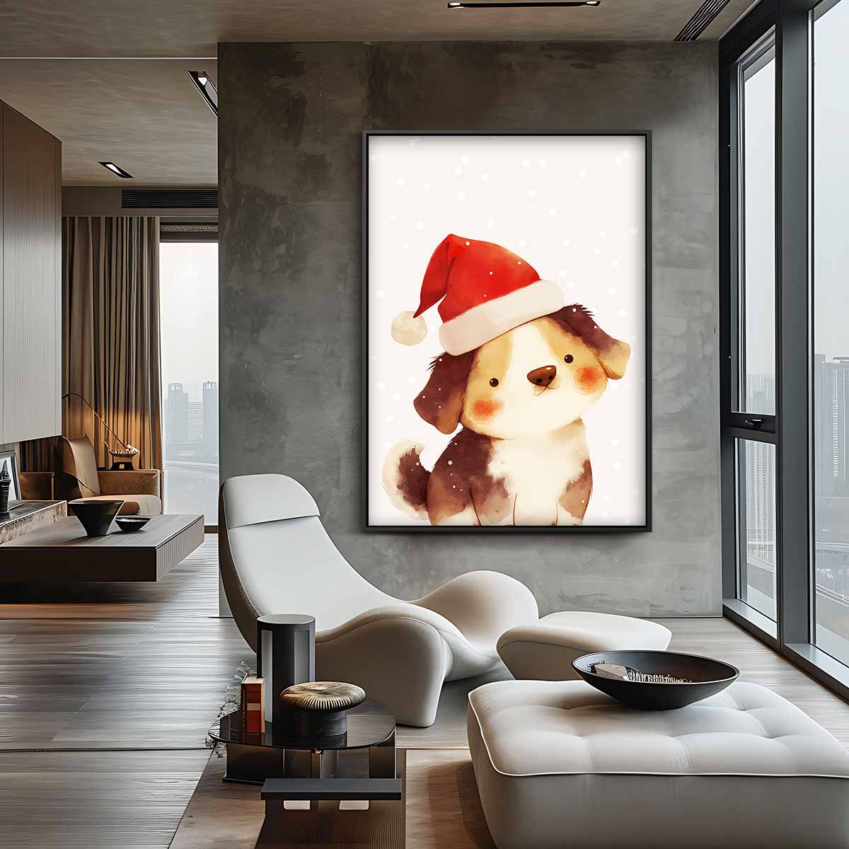 Schattige Kerst Puppy Illustratie Kunstwerk-canvas-dibond-plexiglas-wanddecoratie-WallArtistic