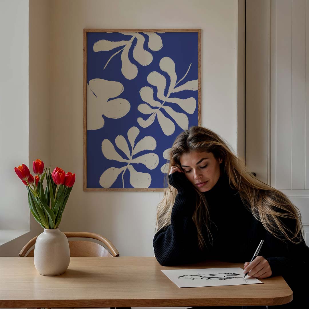 Bloemenpracht Blauw-Wit Poster-WallArtistic