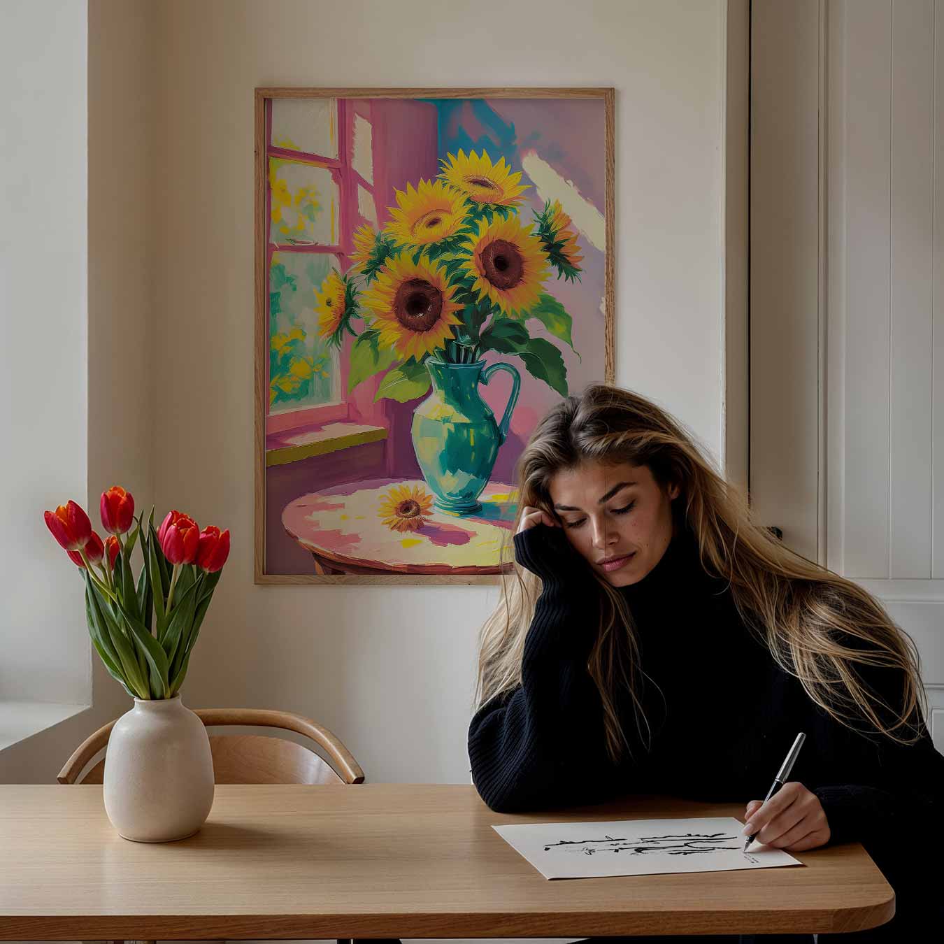 Zonnige Zonnebloemen in Vaas Poster-WallArtistic