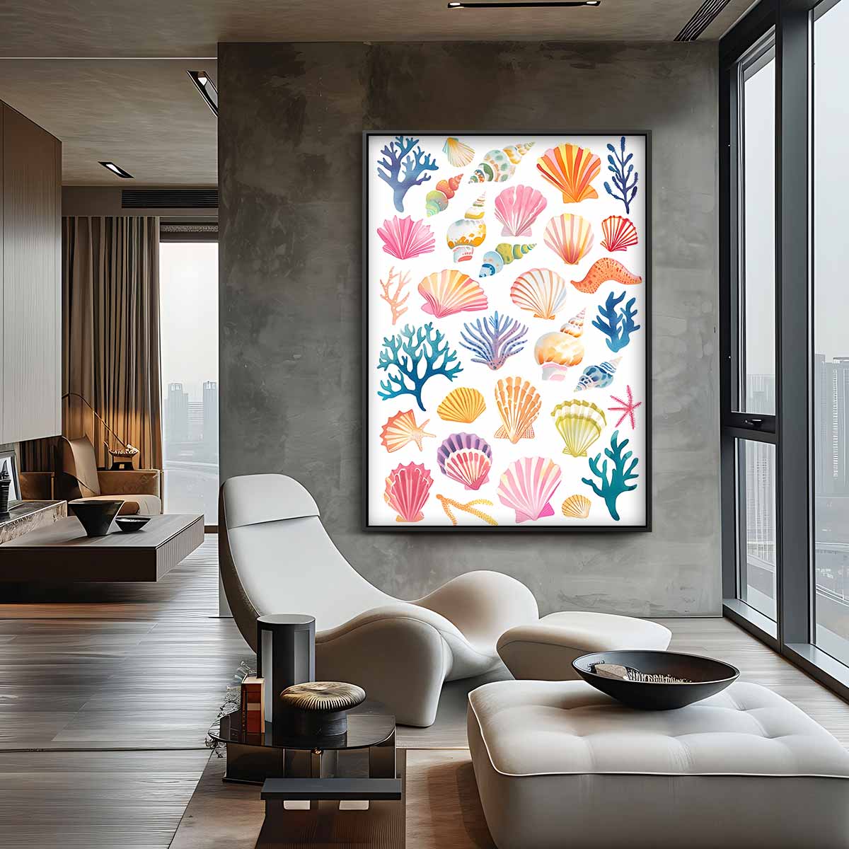 Kleurrijke Zeeschelpen en Koraal Illustratie Kunstwerk-canvas-dibond-plexiglas-wanddecoratie-WallArtistic