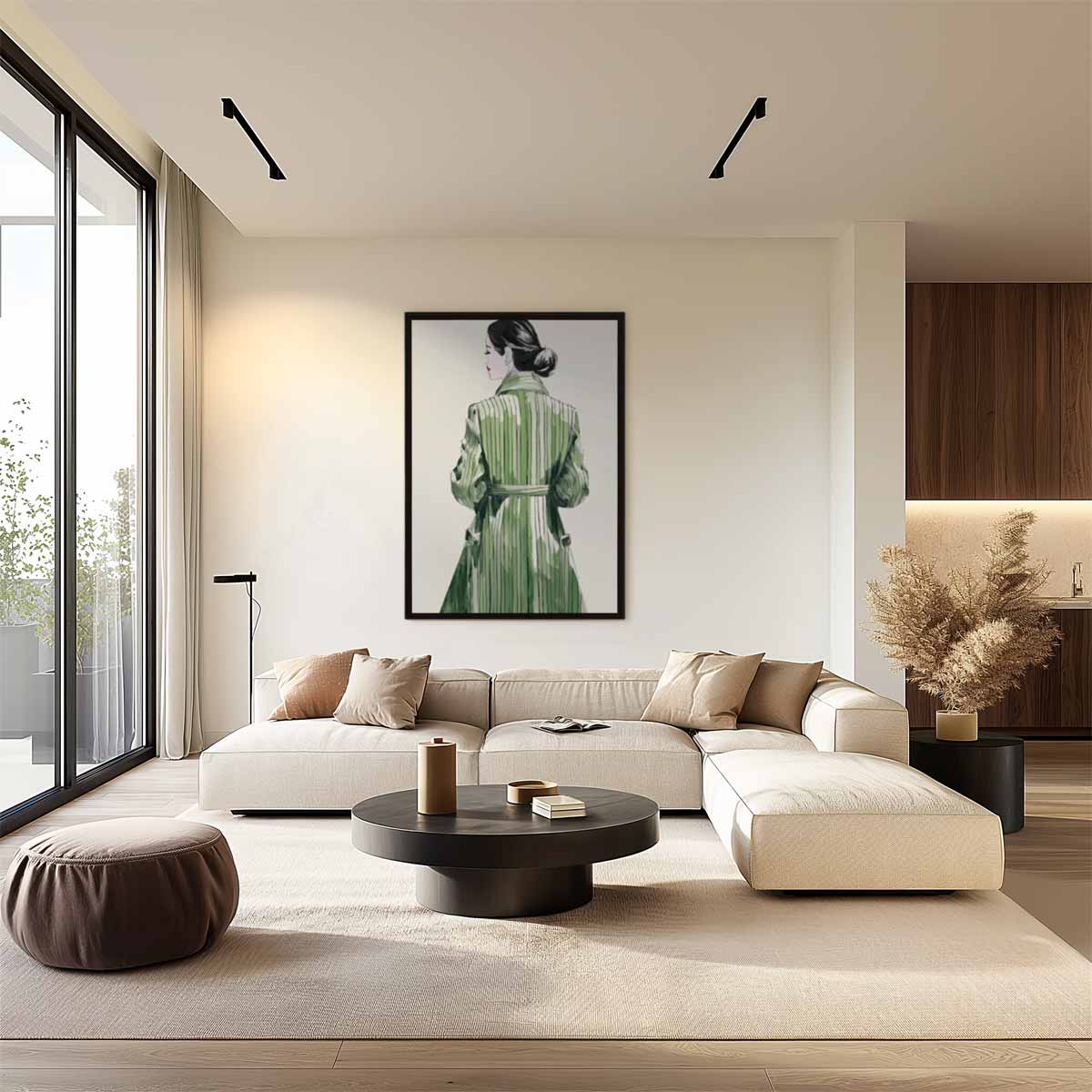Elegante Gestalte in Groene Jas Kunstwerk-canvas-dibond-plexiglas-wanddecoratie-WallArtistic