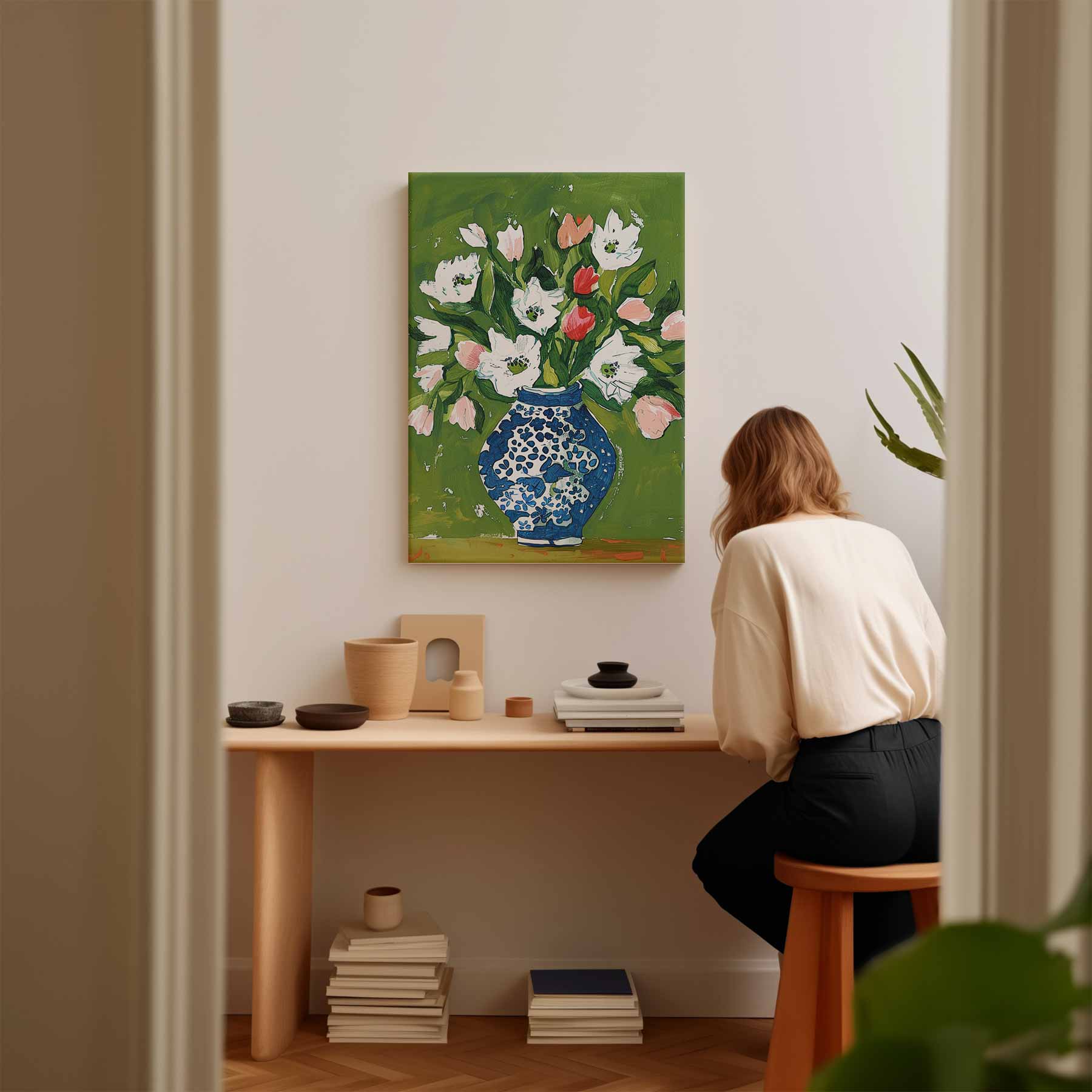 Bloemen in Blauwe Vaas Kunstwerk-canvas-dibond-plexiglas-wanddecoratie-WallArtistic