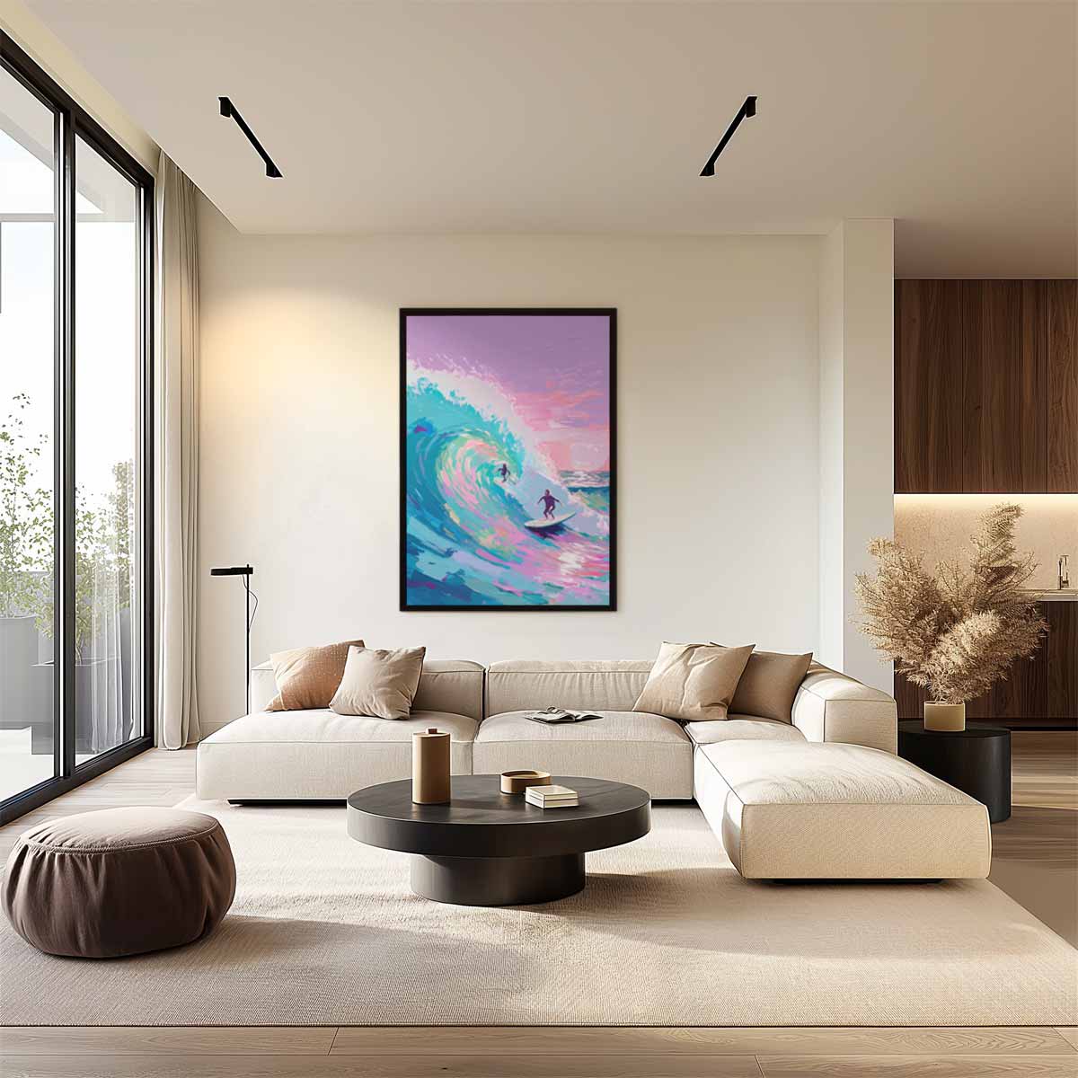 Surfen op Kleurrijke Golven Kunstwerk-canvas-dibond-plexiglas-wanddecoratie-WallArtistic