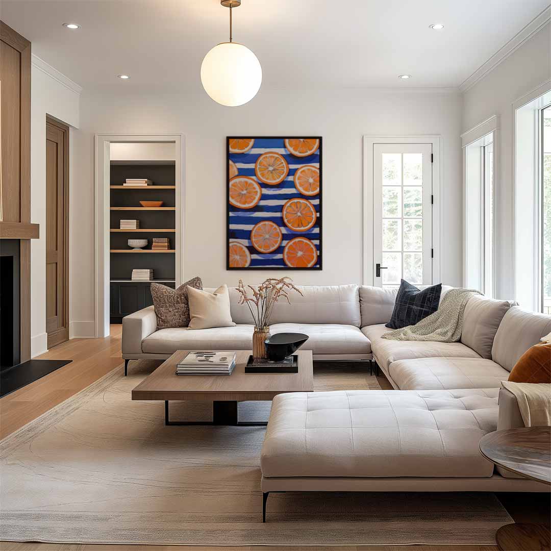 Zonnige Sinaasappels op Streepjespatroon Kunstwerk-canvas-dibond-plexiglas-wanddecoratie-WallArtistic
