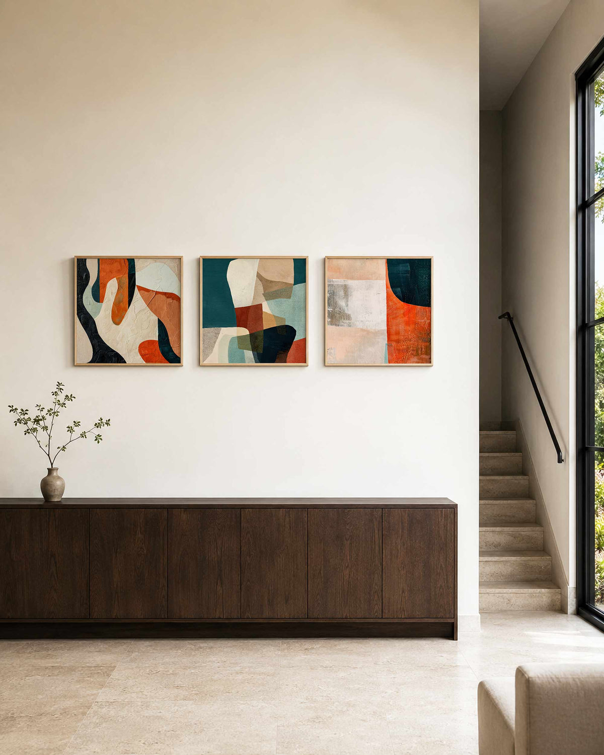 Interieurpresentatie van een driedelige vierkante posterset met abstracte vormen