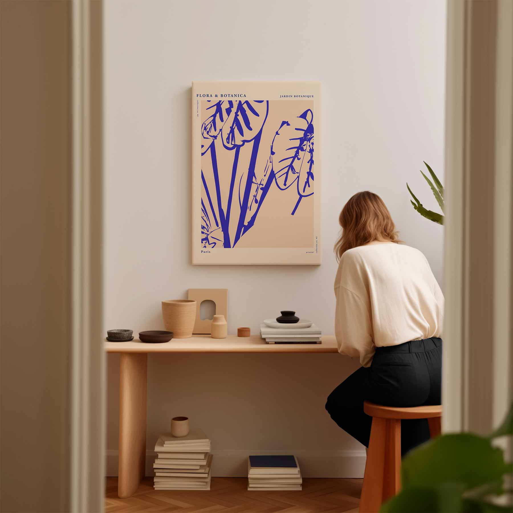 Botanische Bladprint in Blauw Kunstwerk-canvas-dibond-plexiglas-wanddecoratie-WallArtistic
