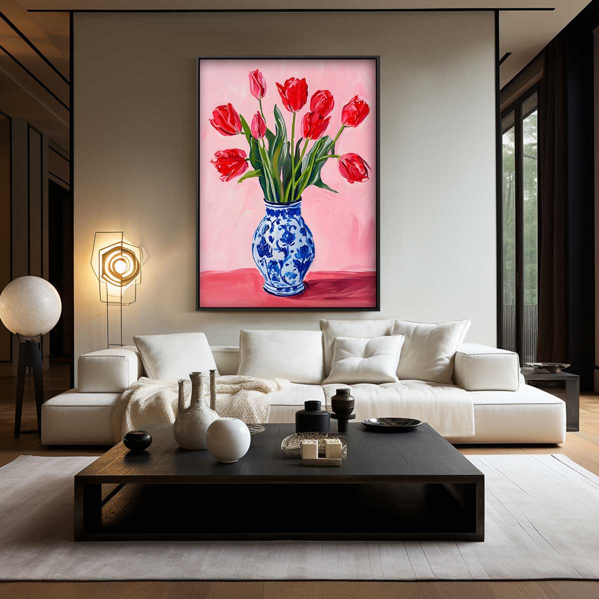 Vrolijke Tulpen in Delfts Blauw Kunstwerk-canvas-dibond-plexiglas-wanddecoratie-WallArtistic