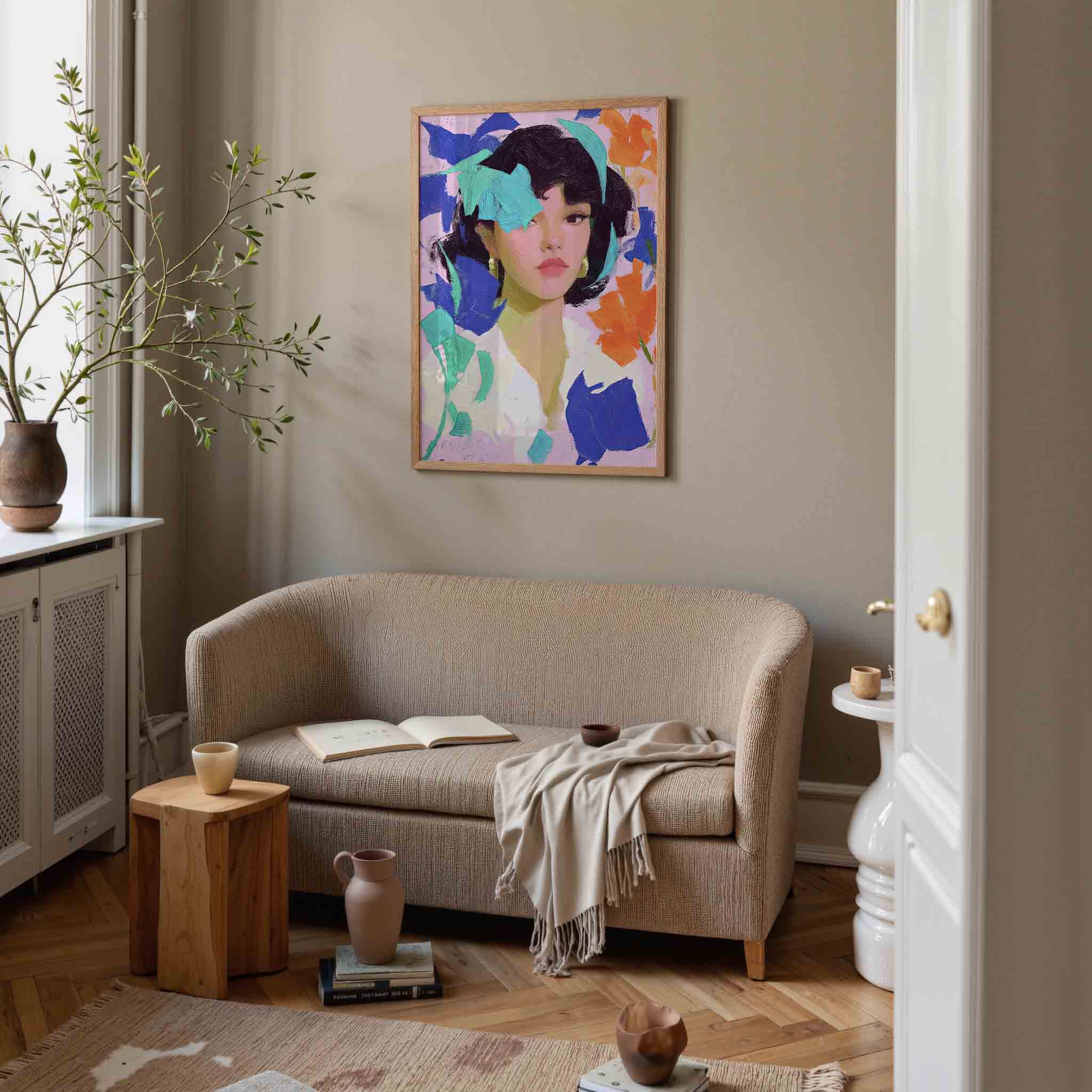 Vrouwelijk portret met kleurrijke accenten Poster