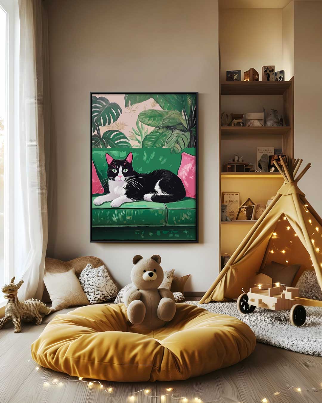 Tropische Kat op de Bank Kunstwerk-canvas-dibond-plexiglas-wanddecoratie-WallArtistic