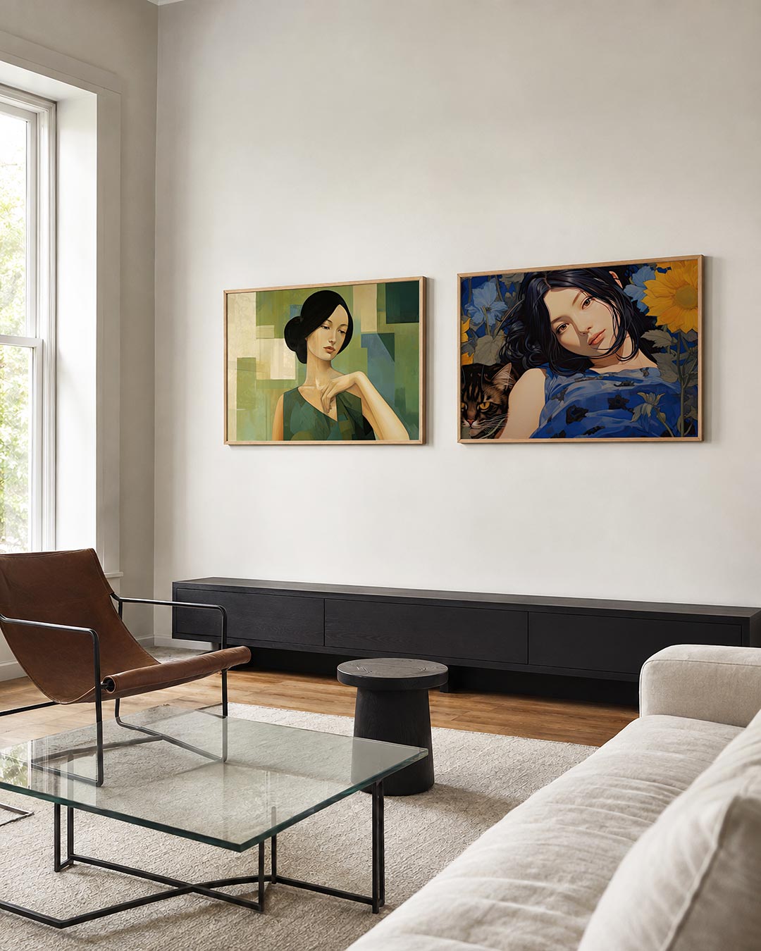 Twee liggende posters met een vrouwelijk figuur met een serene blik, aan de muur in een interieur