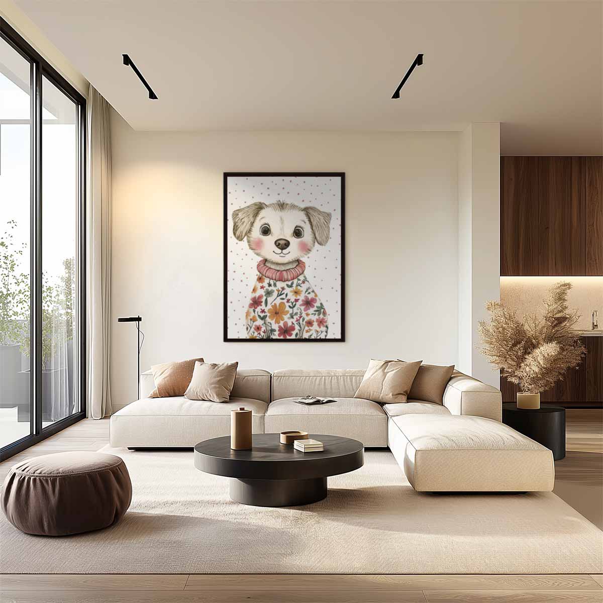 Vrolijke Pup in Bloemenjas Kunstwerk-canvas-dibond-plexiglas-wanddecoratie-WallArtistic