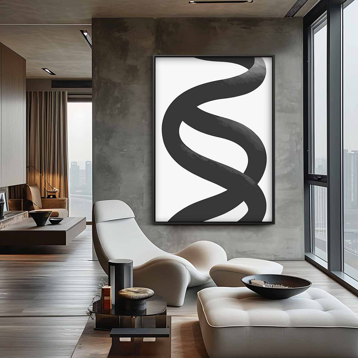 Zwarte Werveling op Wit Kunstwerk-canvas-dibond-plexiglas-wanddecoratie-WallArtistic