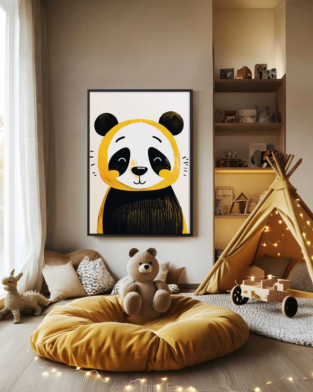 Vrolijke Panda Illustratie Kunstwerk-canvas-dibond-plexiglas-wanddecoratie-WallArtistic