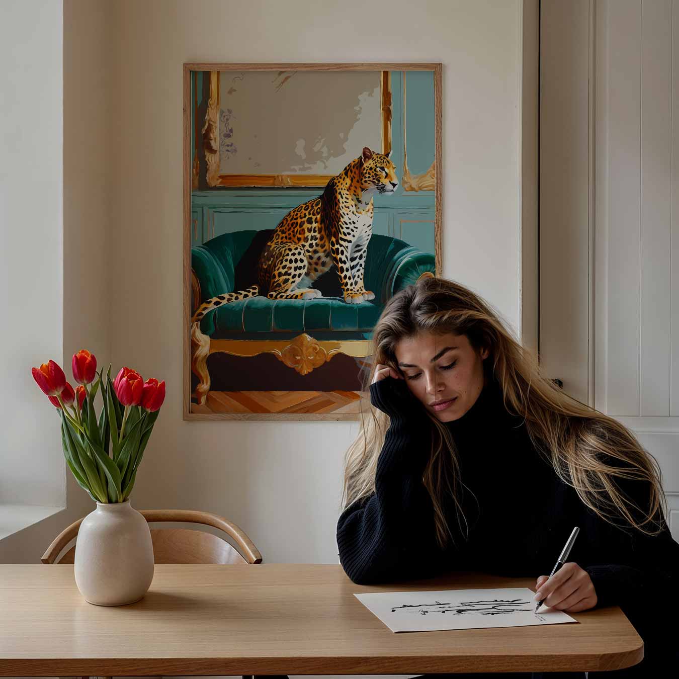 Elegante Luipaard op Luxe Sofa Poster