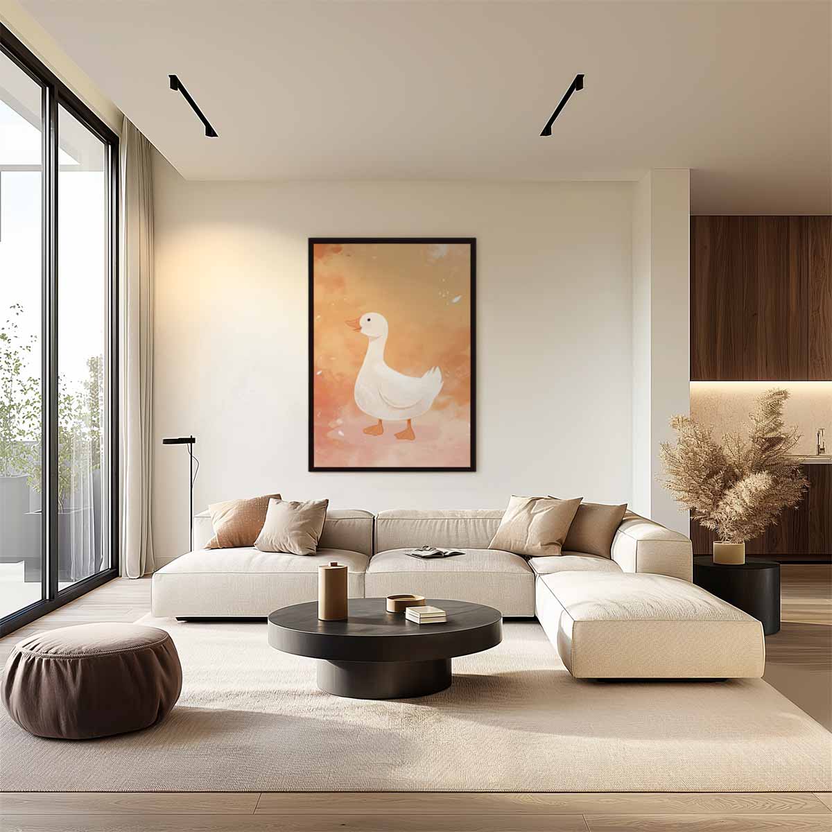 Vrolijke Eend op Oranje Achtergrond Kunstwerk-canvas-dibond-plexiglas-wanddecoratie-WallArtistic