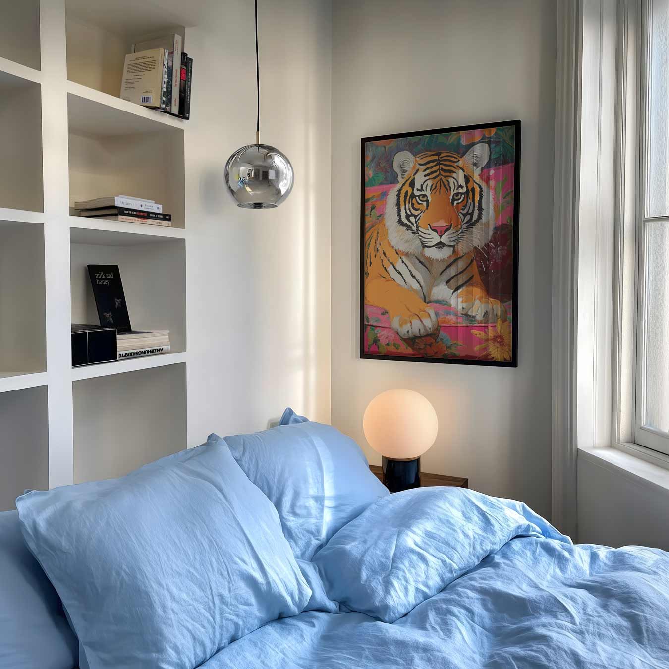 Kleurrijke Tijger op Bloemenbank Poster-WallArtistic