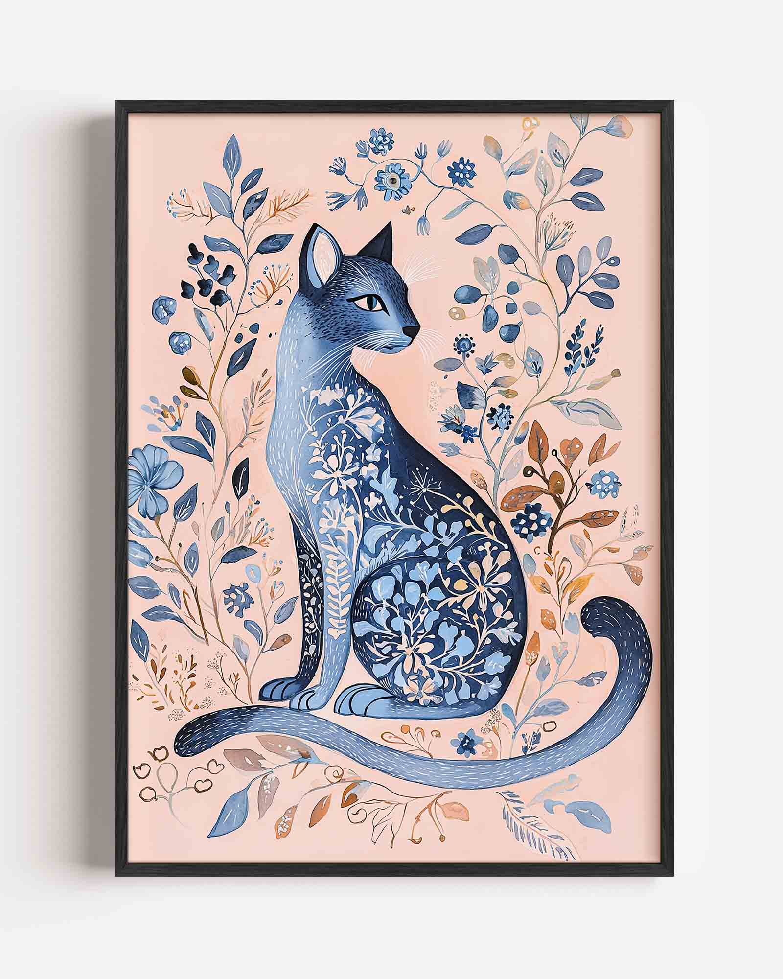 Blauwe kat met bloemen Poster