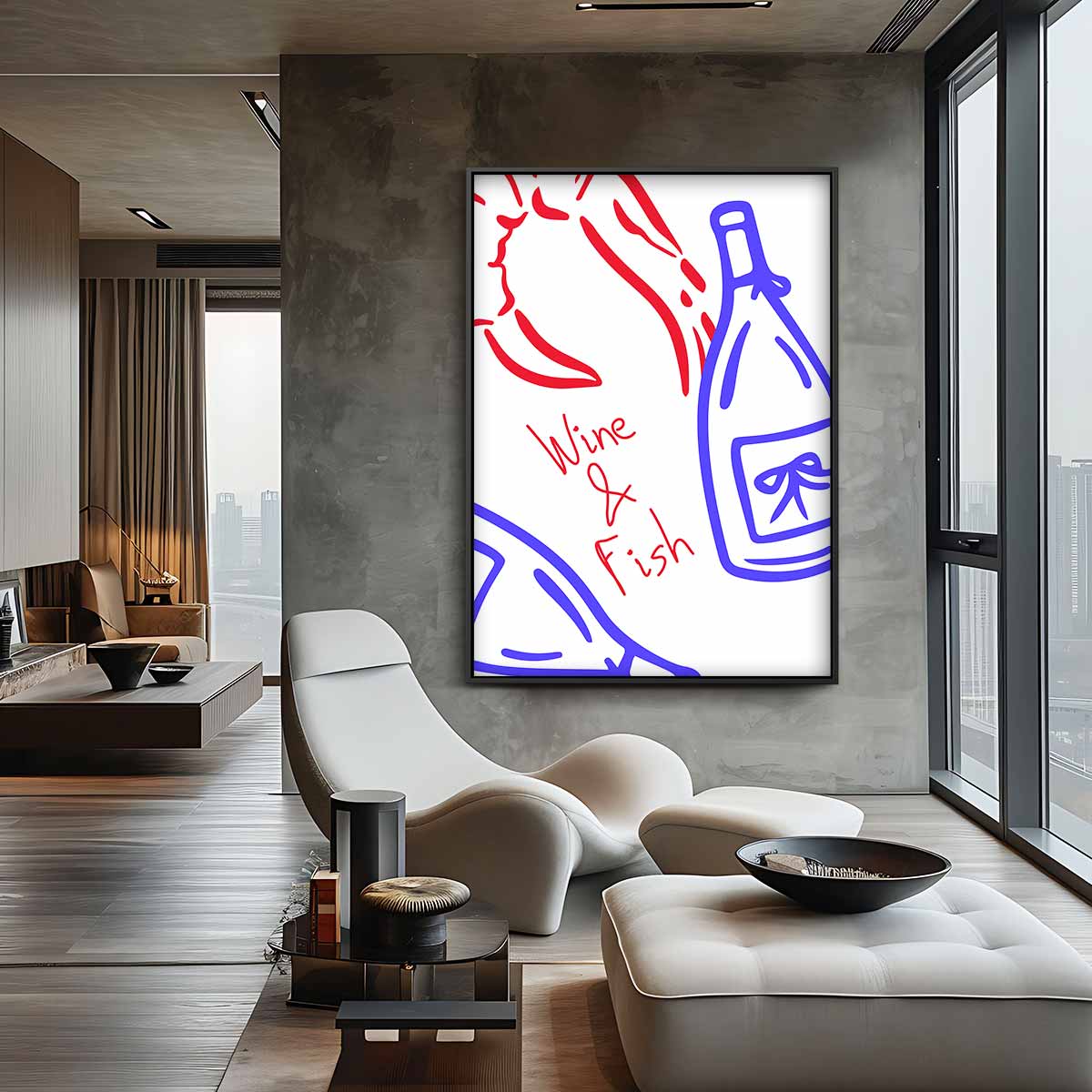 Wijn en Vis Illustratie Kunstwerk-canvas-dibond-plexiglas-wanddecoratie-WallArtistic