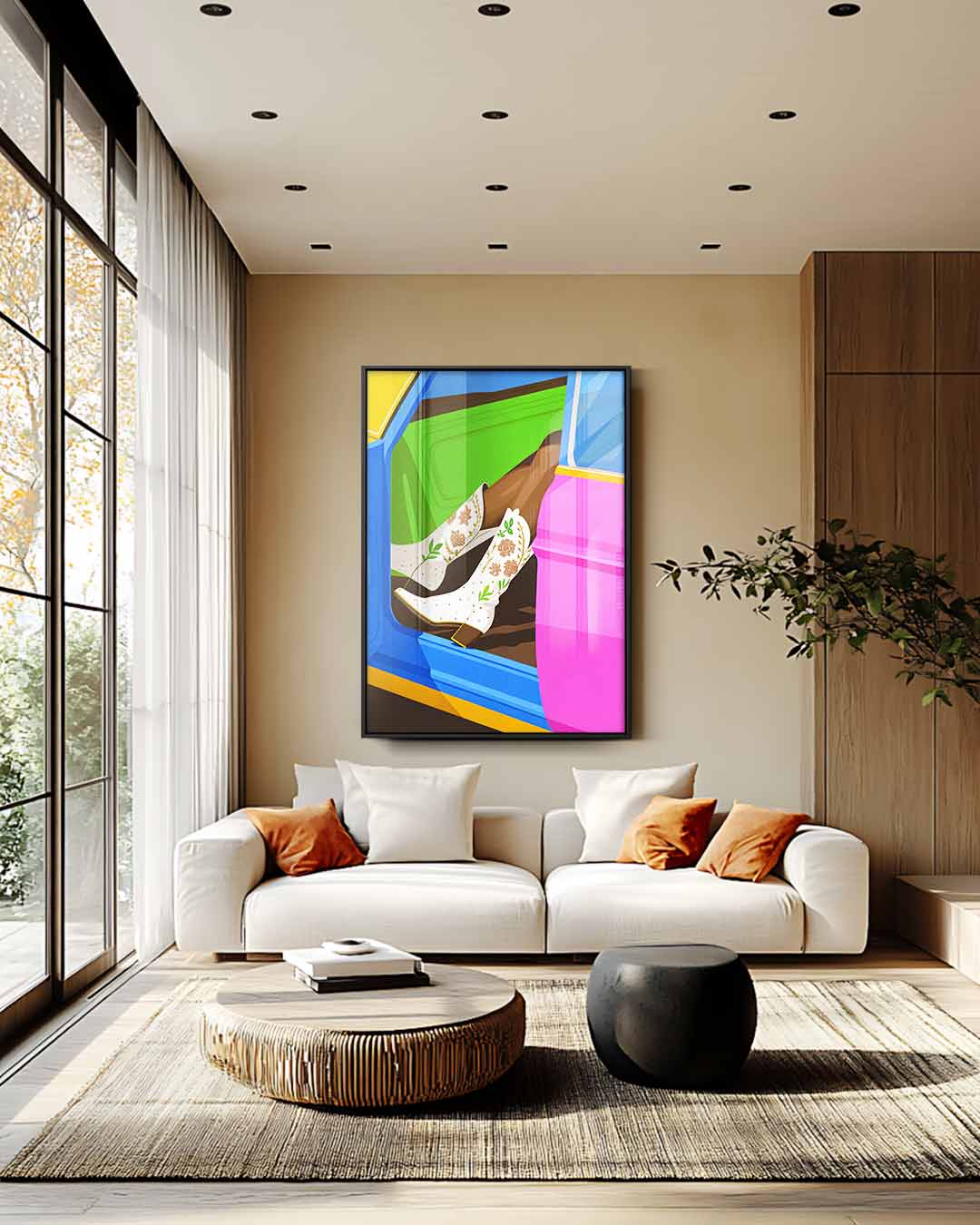 Kleurrijke Cowboylaarzen in Stijlvolle Auto Kunstwerk-canvas-dibond-plexiglas-wanddecoratie-WallArtistic