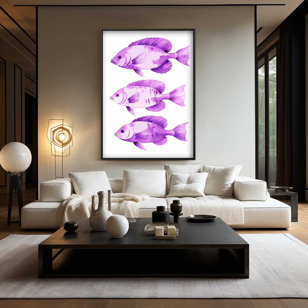 Paarse Vis Trio Kunstwerk-canvas-dibond-plexiglas-wanddecoratie-WallArtistic