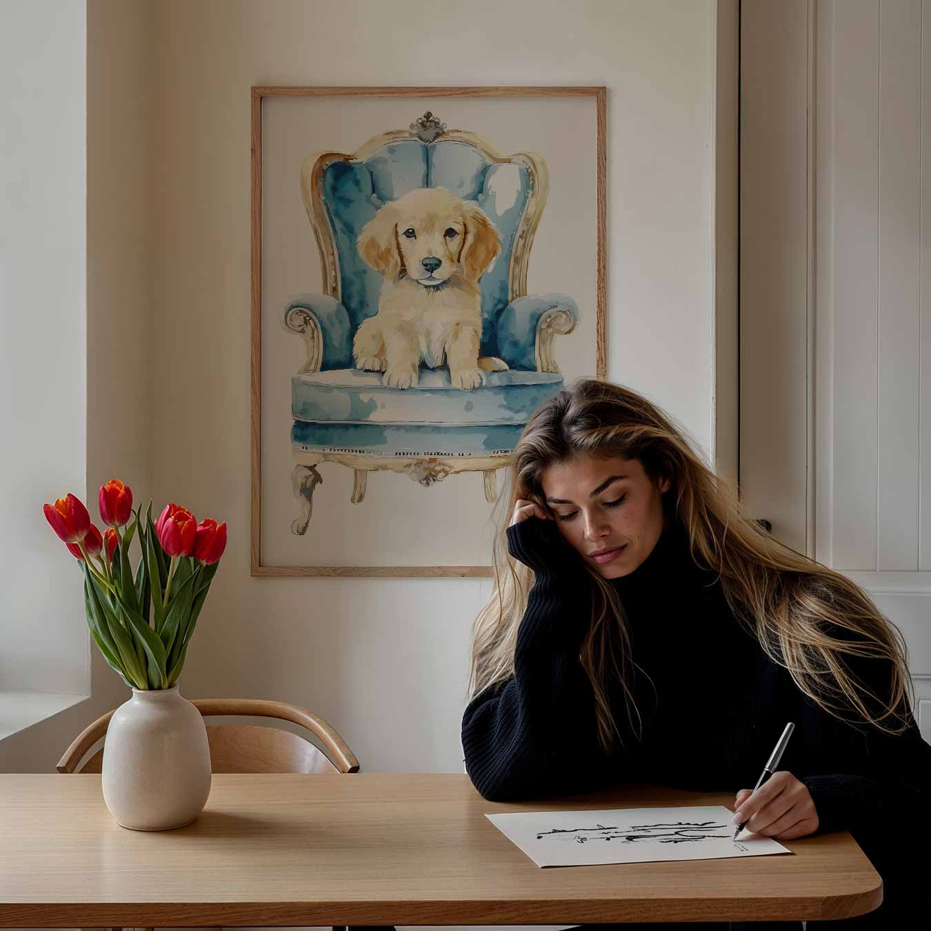 Puppy op Blauwe Troon Poster