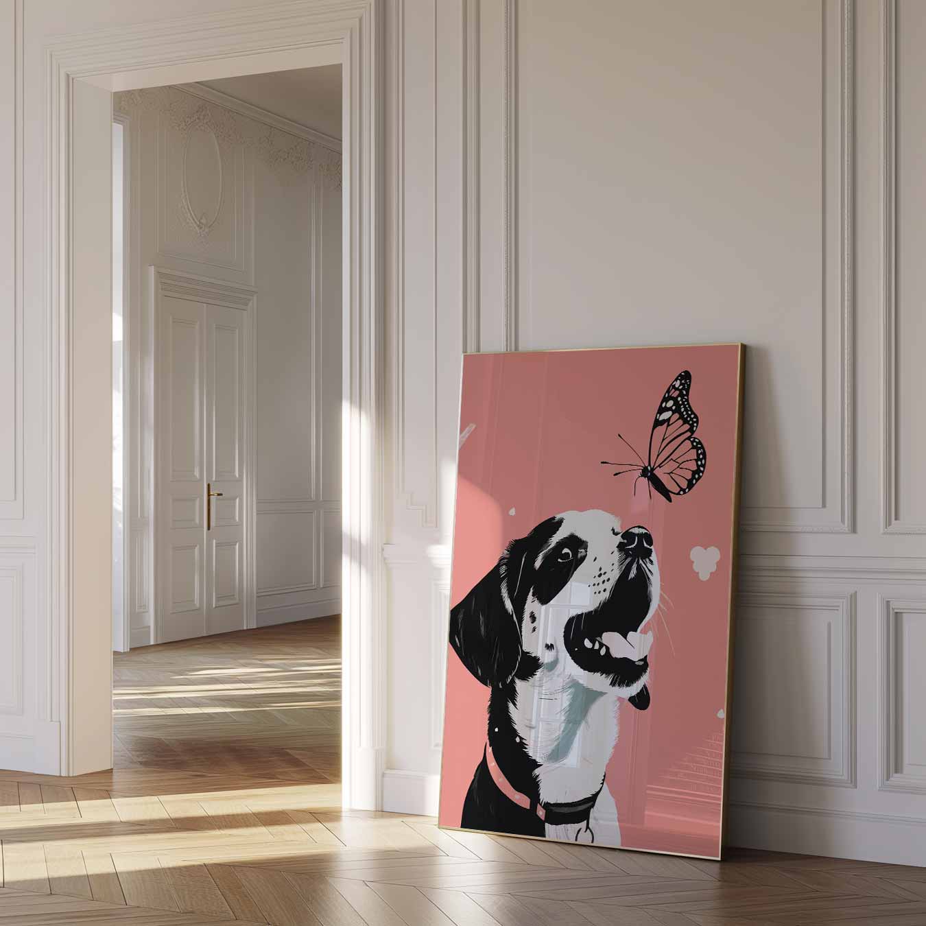 Vrolijke Hond en Vlinder Poster