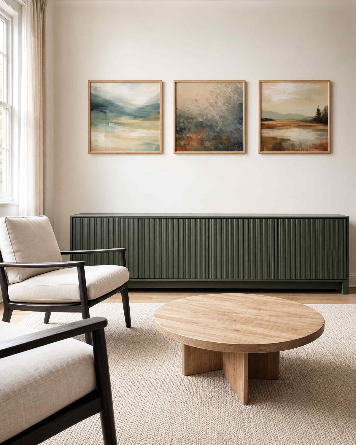 Interieurpresentatie van een driedelige vierkante posterset met abstracte landschappen