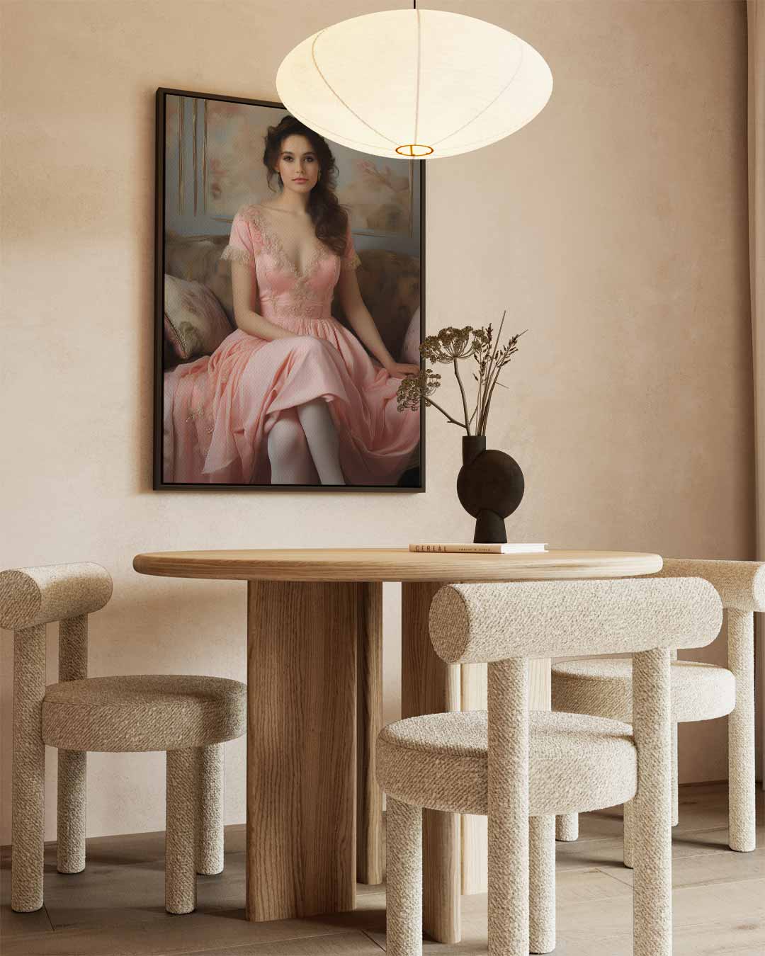 Dromerige Dame in Roze Jurk Kunstwerk-canvas-dibond-plexiglas-wanddecoratie-WallArtistic
