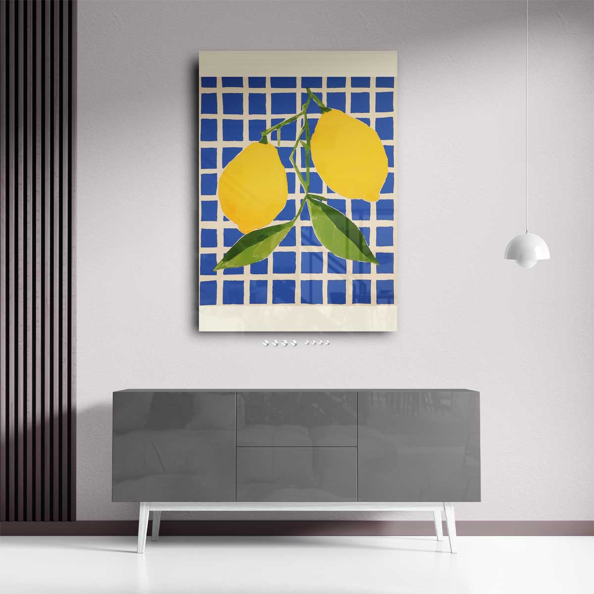 Citroenen op Blauw Geruit Kunstwerk-canvas-dibond-plexiglas-wanddecoratie-WallArtistic