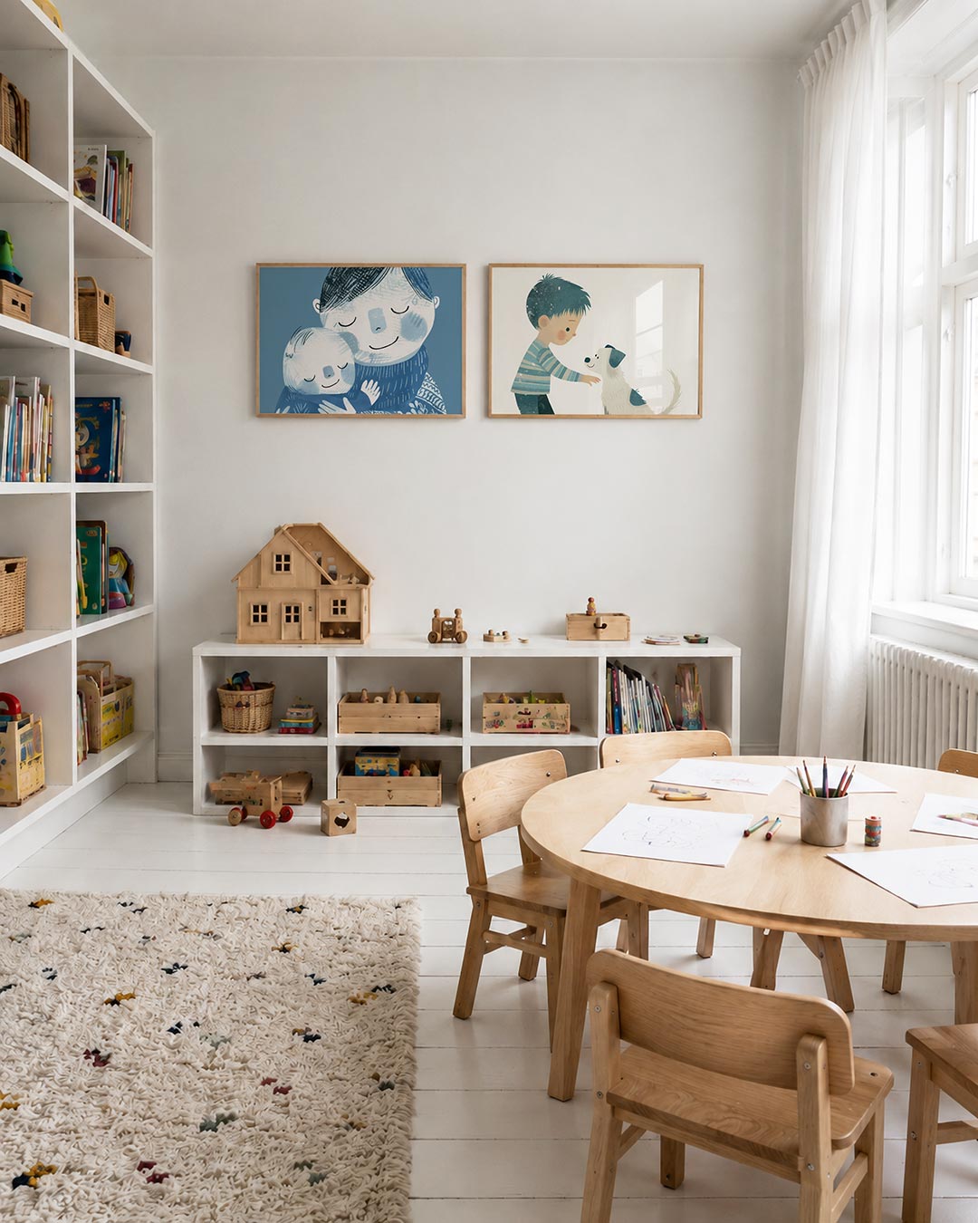 Interieurpresentatie van twee posters met twee figuren omarmen elkaar in een zee van blauw