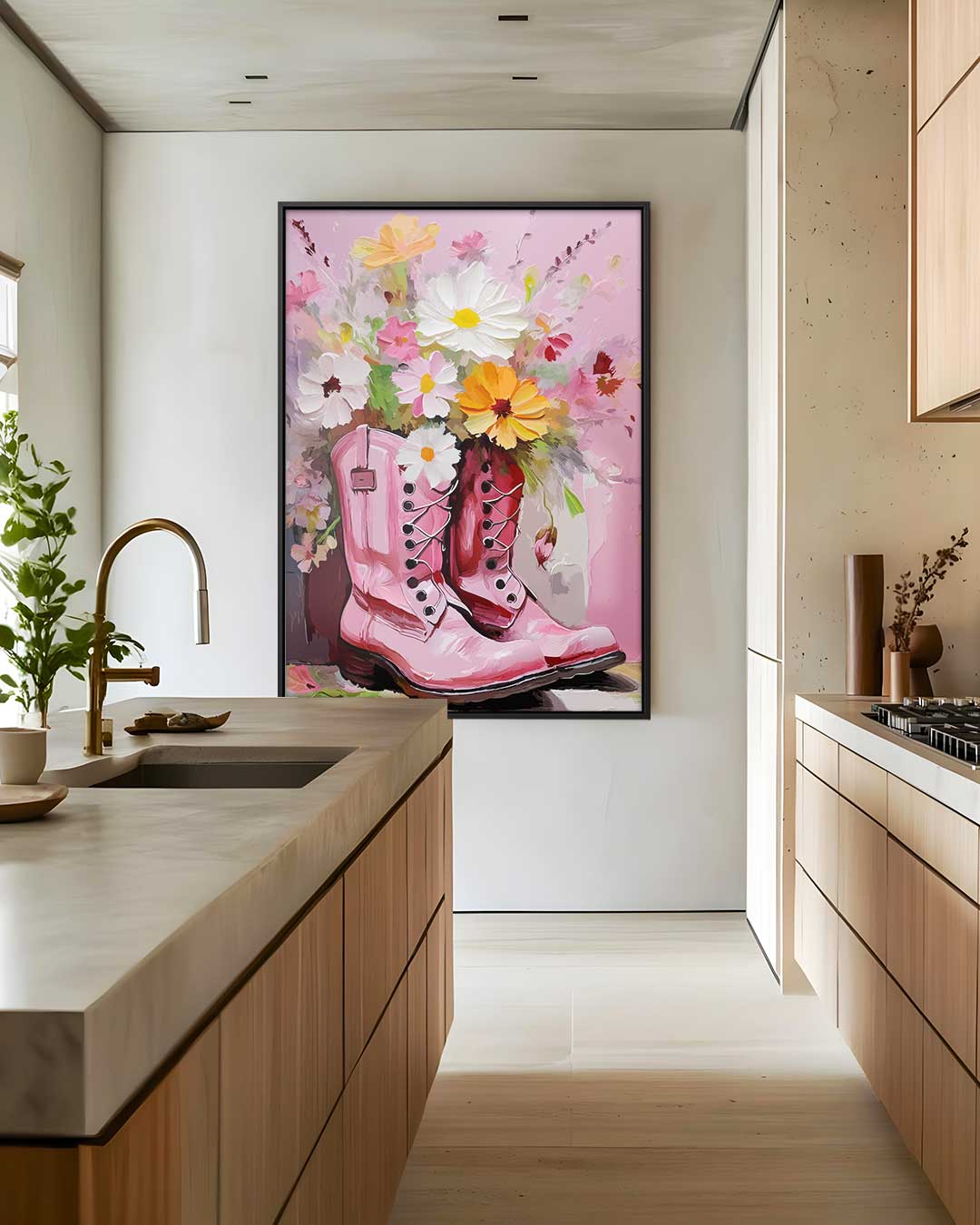 Bloemrijke Laarzen in Roze Tint Kunstwerk-canvas-dibond-plexiglas-wanddecoratie-WallArtistic