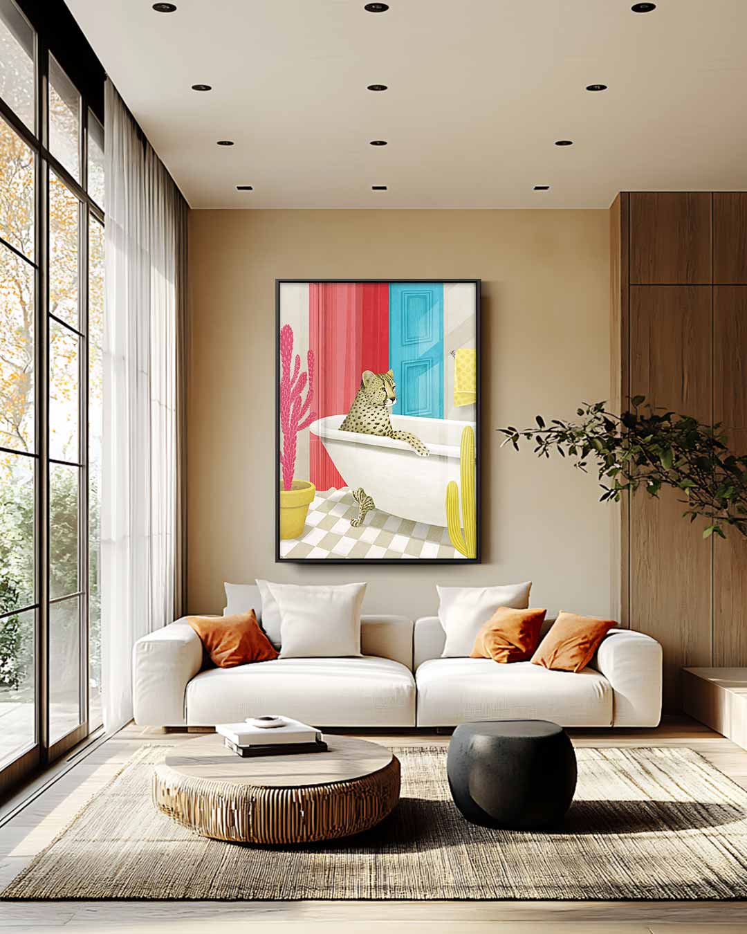 Luierende Luipaard in Stijlvol Bad Kunstwerk-canvas-dibond-plexiglas-wanddecoratie-WallArtistic
