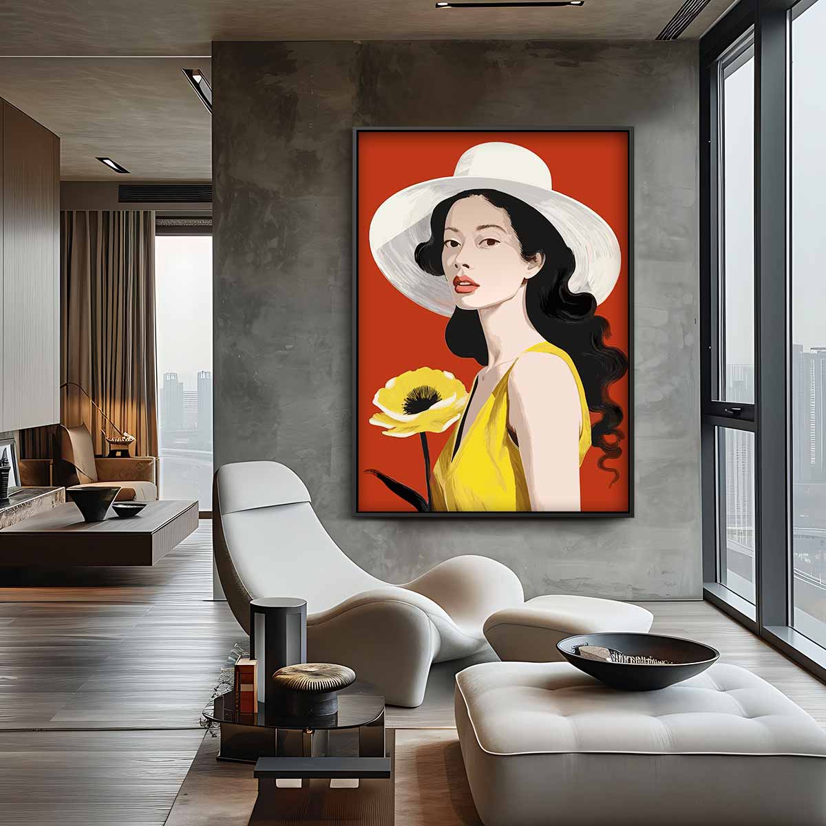 Vrouw en Bloem in Zomerhoed Kunstwerk-canvas-dibond-plexiglas-wanddecoratie-WallArtistic