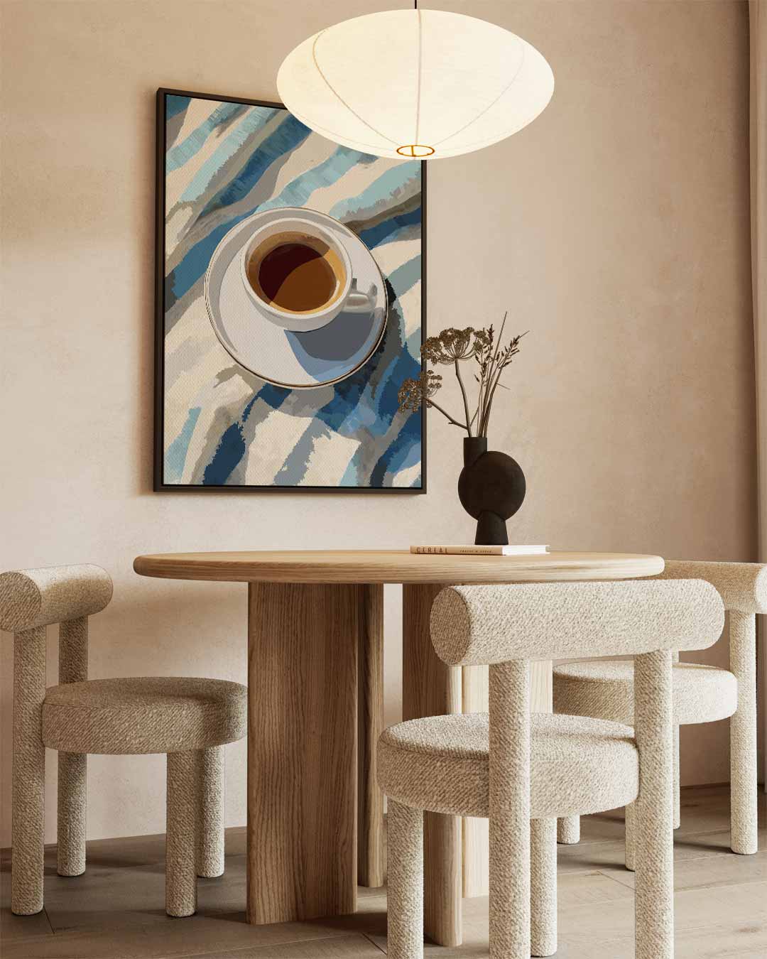 Koffiemoment in Blauwe Strepen Kunstwerk-canvas-dibond-plexiglas-wanddecoratie-WallArtistic