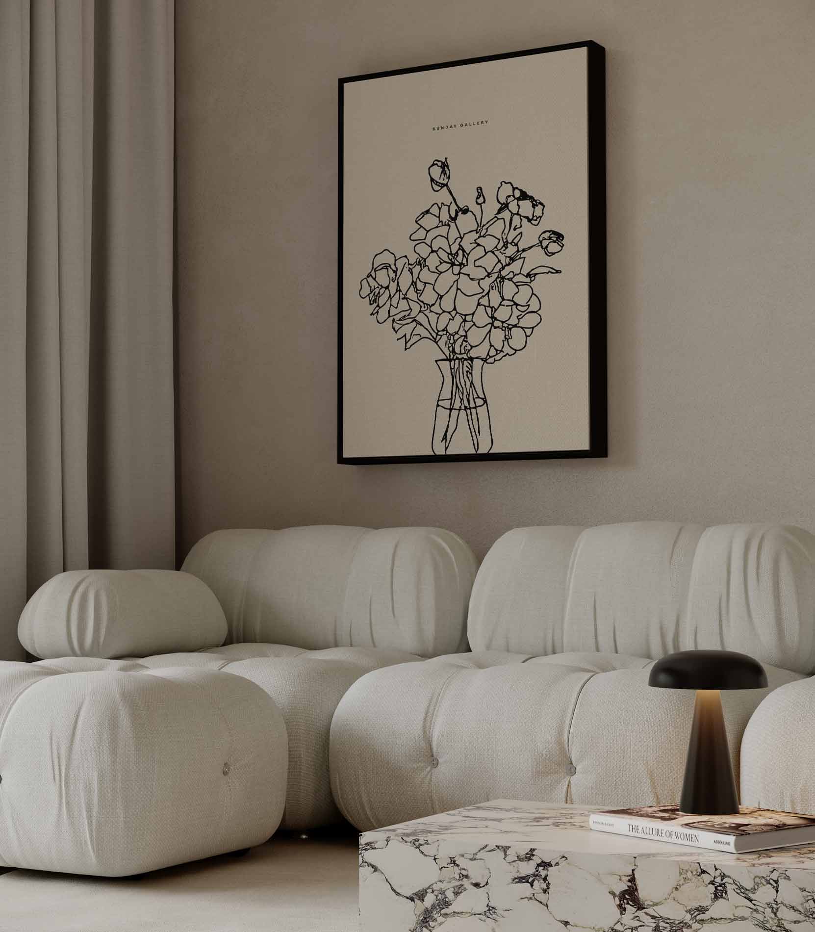 Bloemen in Lijntekening Kunstwerk-canvas-dibond-plexiglas-wanddecoratie-WallArtistic