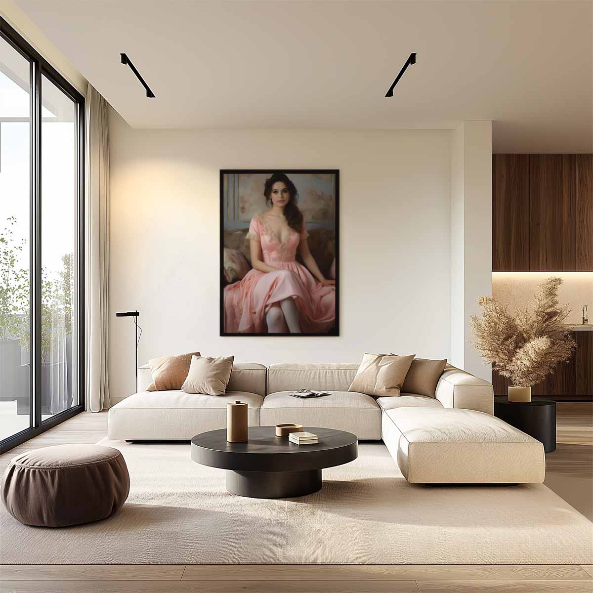 Dromerige Dame in Roze Jurk Kunstwerk-canvas-dibond-plexiglas-wanddecoratie-WallArtistic