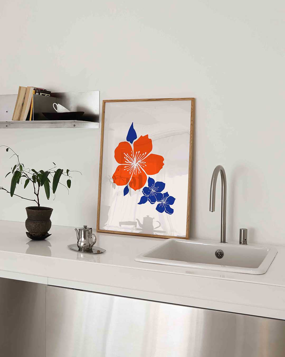 Bloemen in oranje en blauw Poster