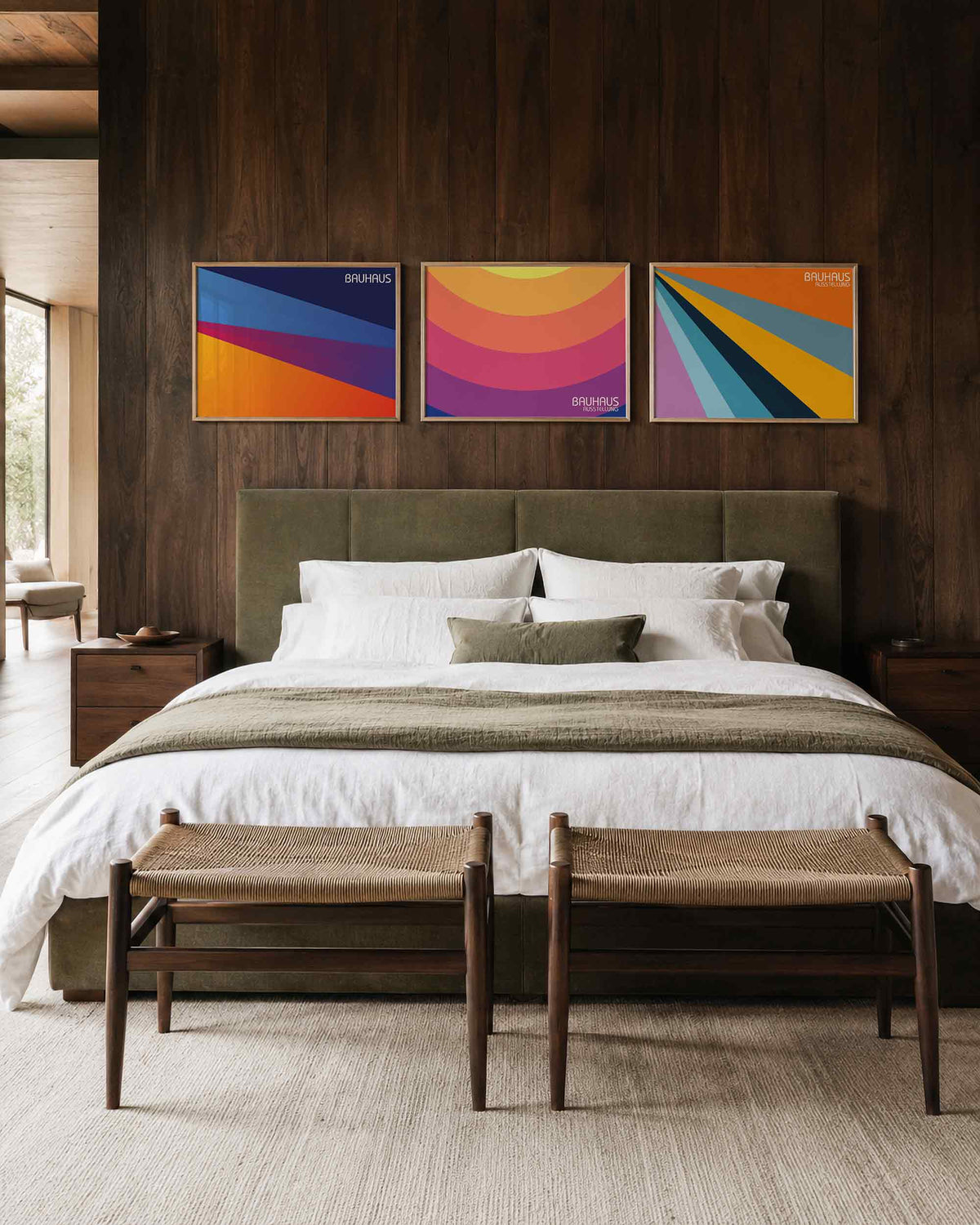 Interieurmockup van drieluik landscape-posterset met kleurbanen en bogen