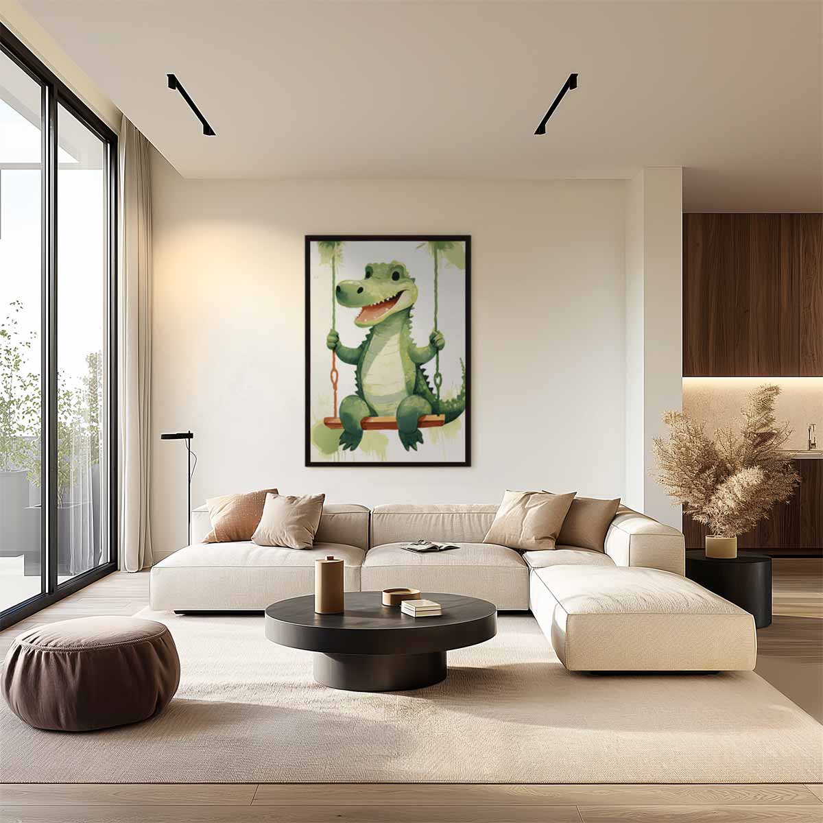 Vrolijke Krokodil op de Schommel Kunstwerk-canvas-dibond-plexiglas-wanddecoratie-WallArtistic