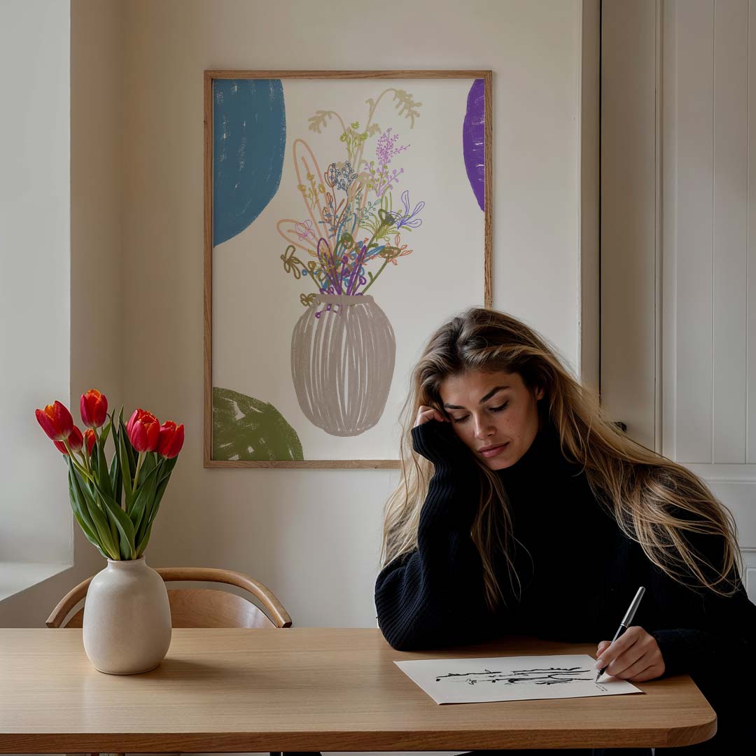 Bloeiende Vaas Tekening Poster-WallArtistic