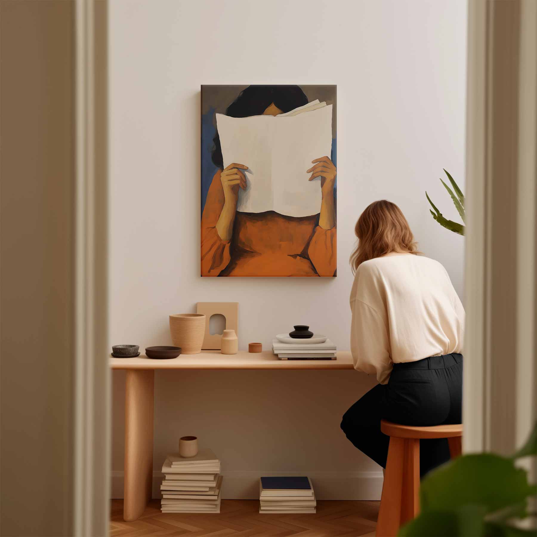 De Lezeres in Oranje Kunstwerk-canvas-dibond-plexiglas-wanddecoratie-WallArtistic