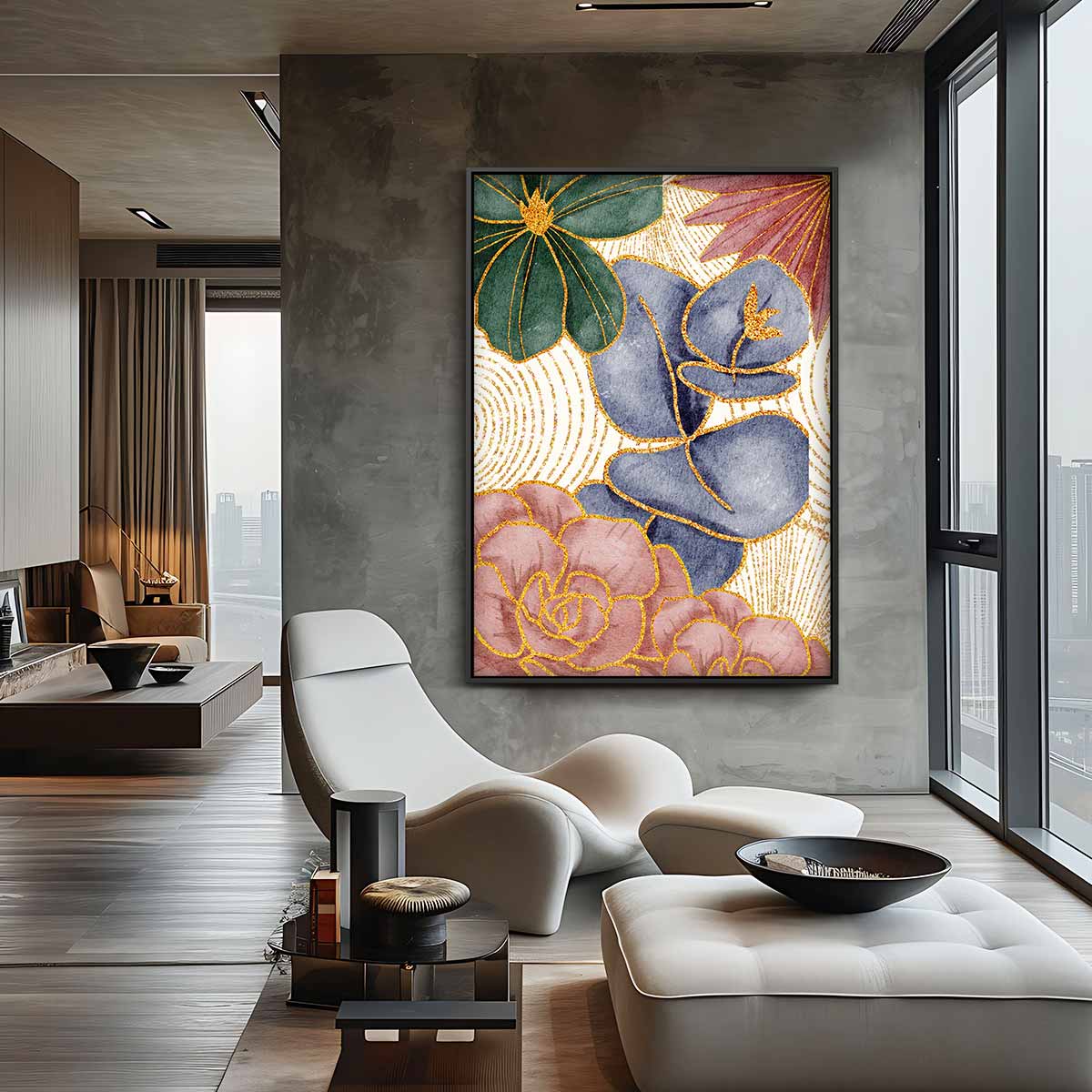 Bloemenpracht in Goud Kunstwerk-canvas-dibond-plexiglas-wanddecoratie-WallArtistic