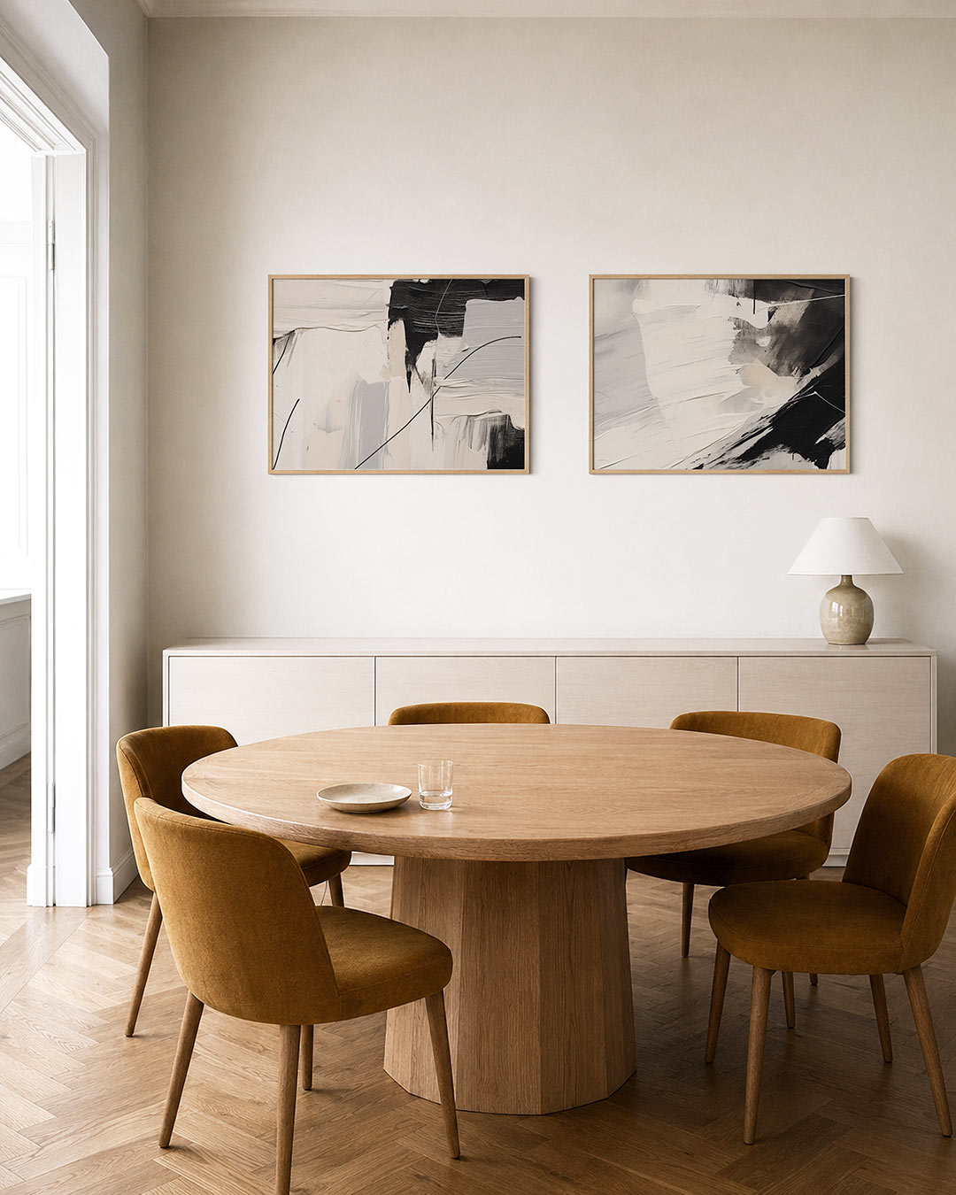 Twee liggende posters met een spel van dikke zwarte en witte verfstreken, aan de muur in een interieur