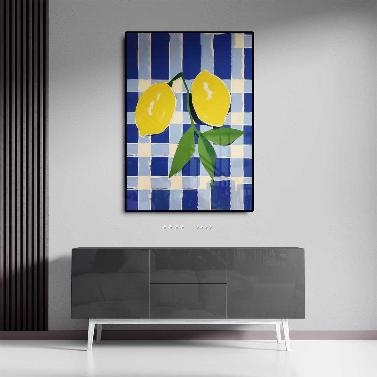 Zonnige Citroenen op Blauwe Schachtdoeken Kunstwerk-canvas-dibond-plexiglas-wanddecoratie-WallArtistic