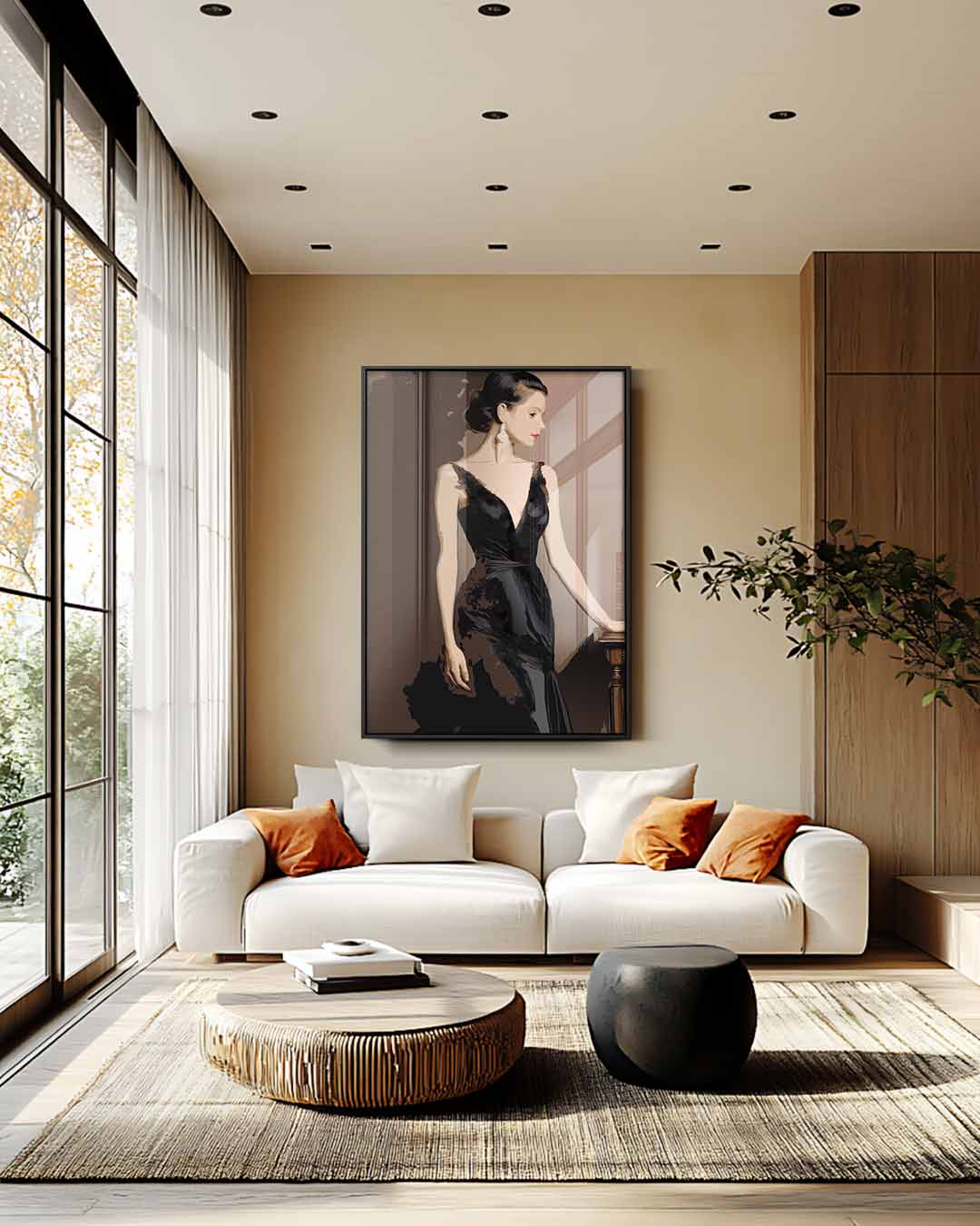 Elegante Dame in Zwarte Jurk Kunstwerk-canvas-dibond-plexiglas-wanddecoratie-WallArtistic