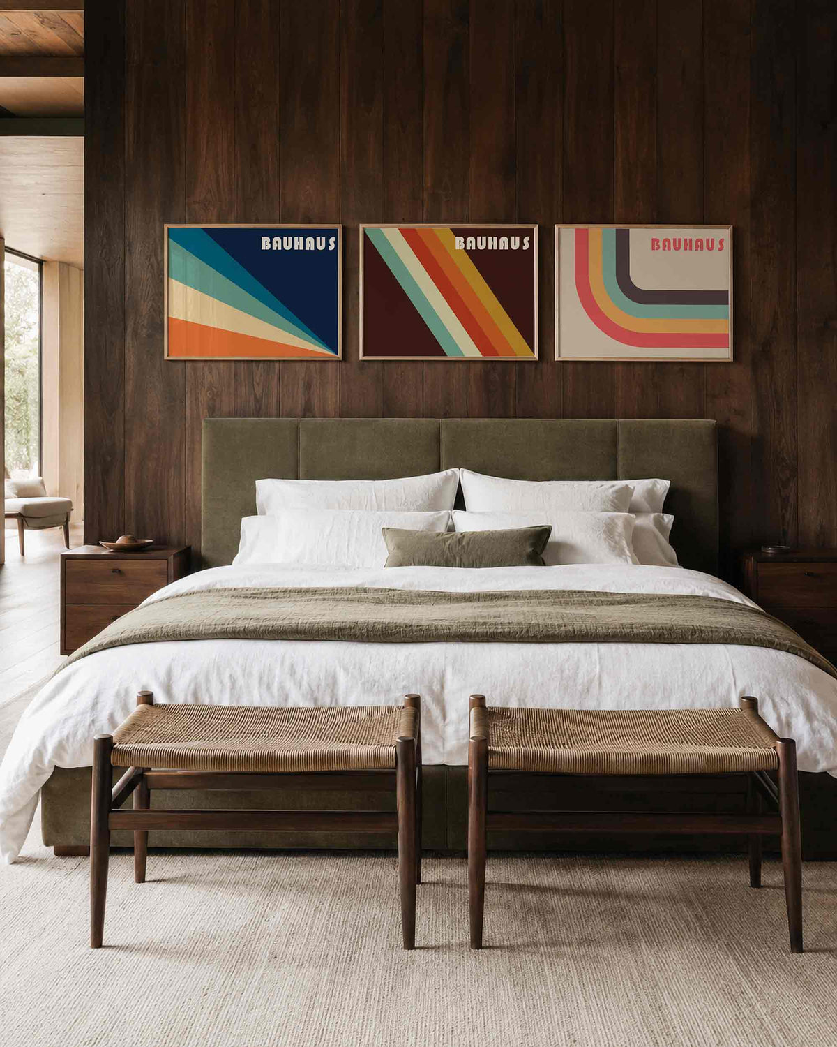 Interieurmockup van drieluik landscape-posterset met kleurbanen in ritme