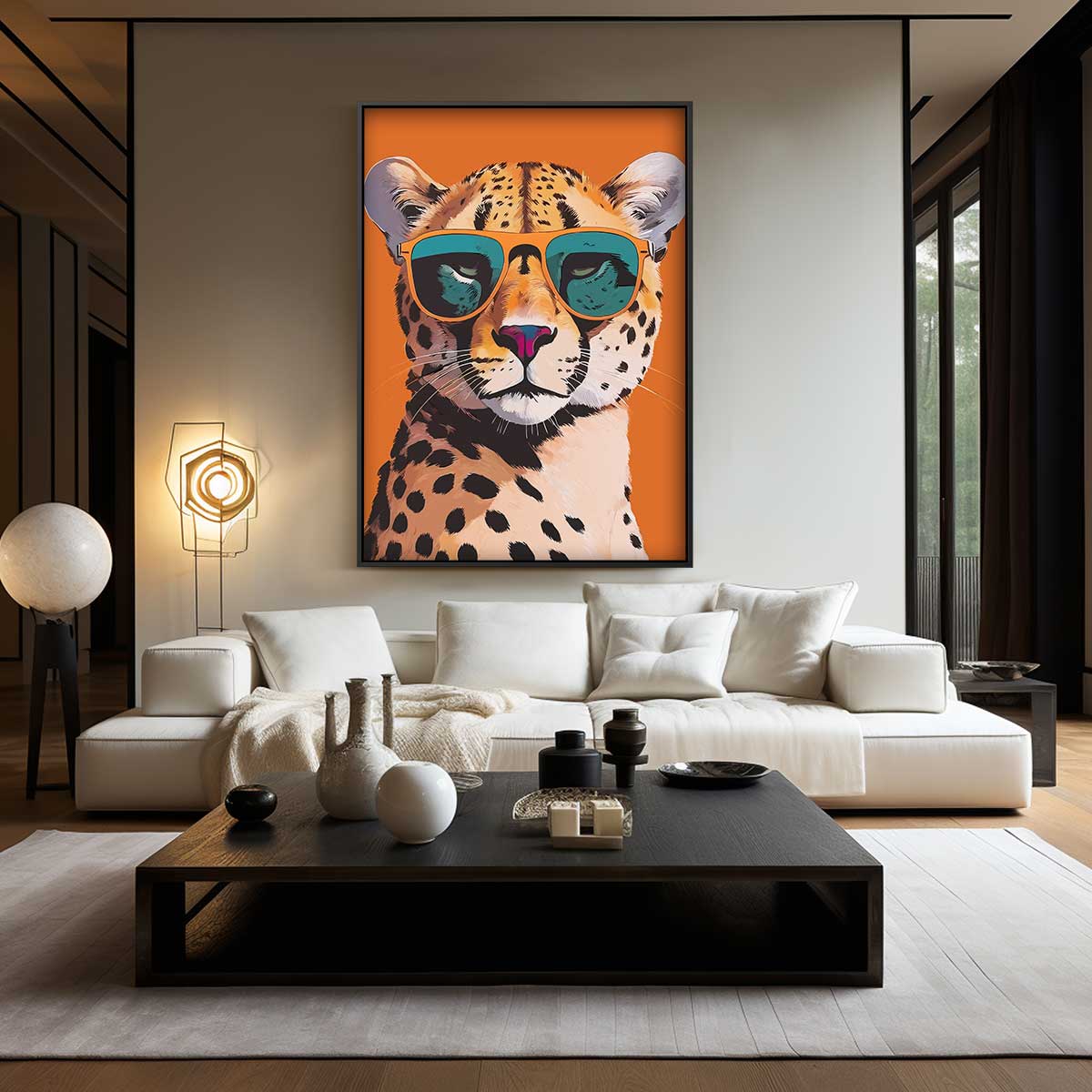 Stoere Jachtluipaard met Zonnebril Kunstwerk-canvas-dibond-plexiglas-wanddecoratie-WallArtistic