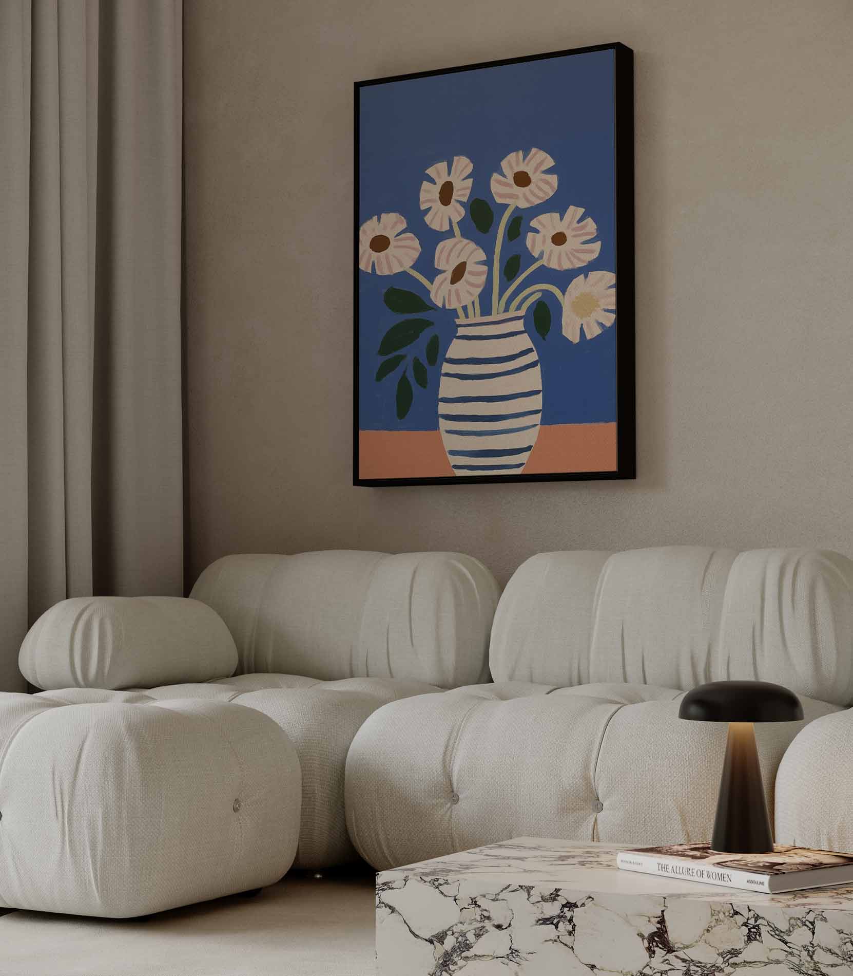 Stralende Bloemen in Gestreepte Vaas Kunstwerk-canvas-dibond-plexiglas-wanddecoratie-WallArtistic